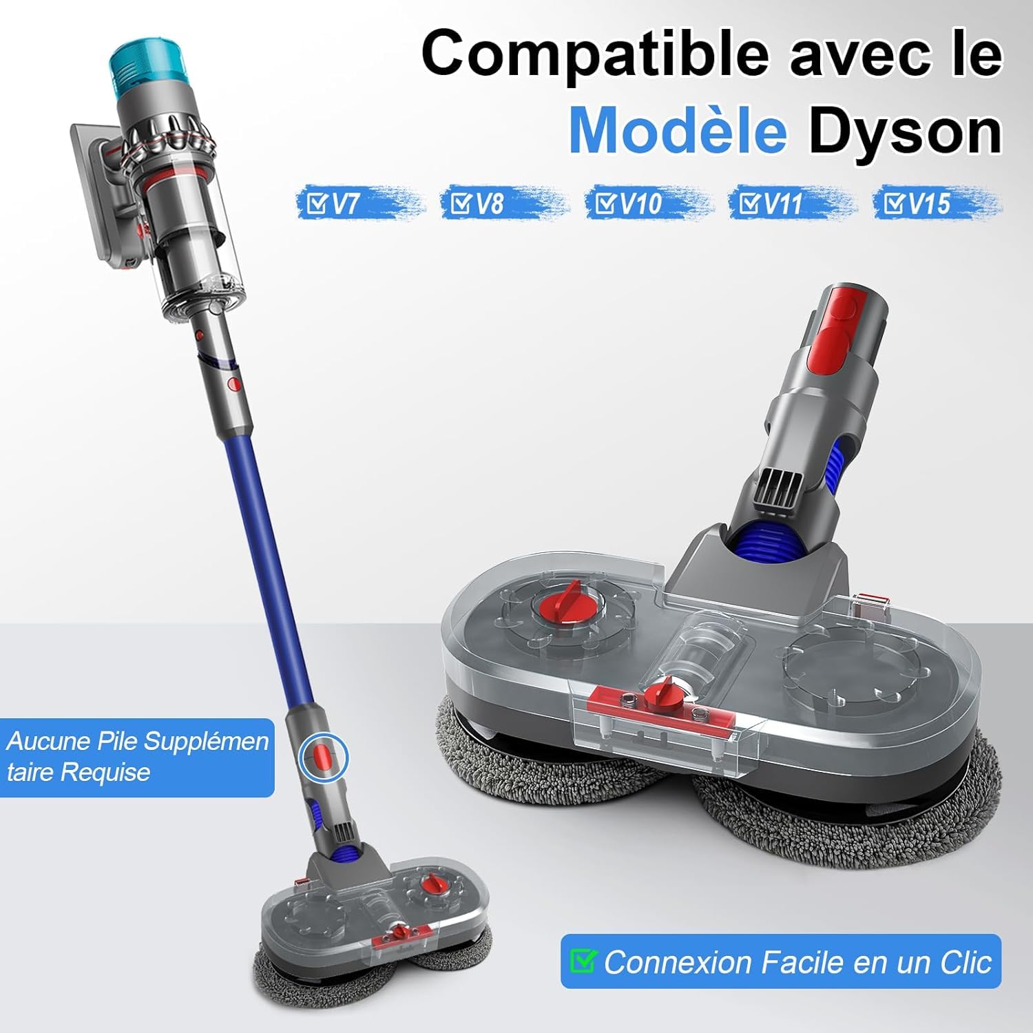Tête de Vadrouille Électrique pour Aspirateur Dyson V7/V8/V10/V11/V15, avec Réservoir d'eau Amovible, 12 Vadrouilles Lavables, Gris