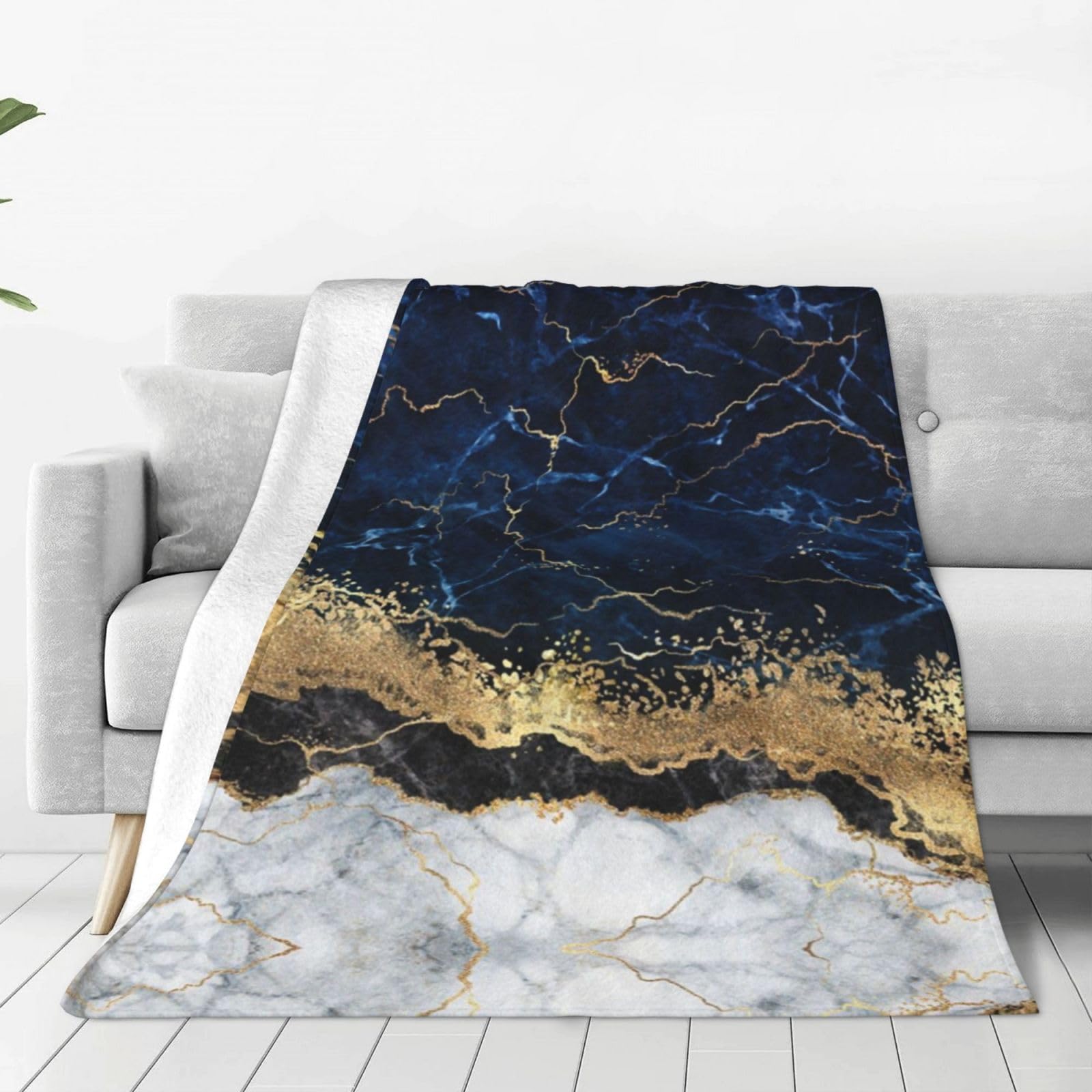 Couverture polaire marbre bleu marine en flanelle peluche pour lit et canapé 203x152 cm