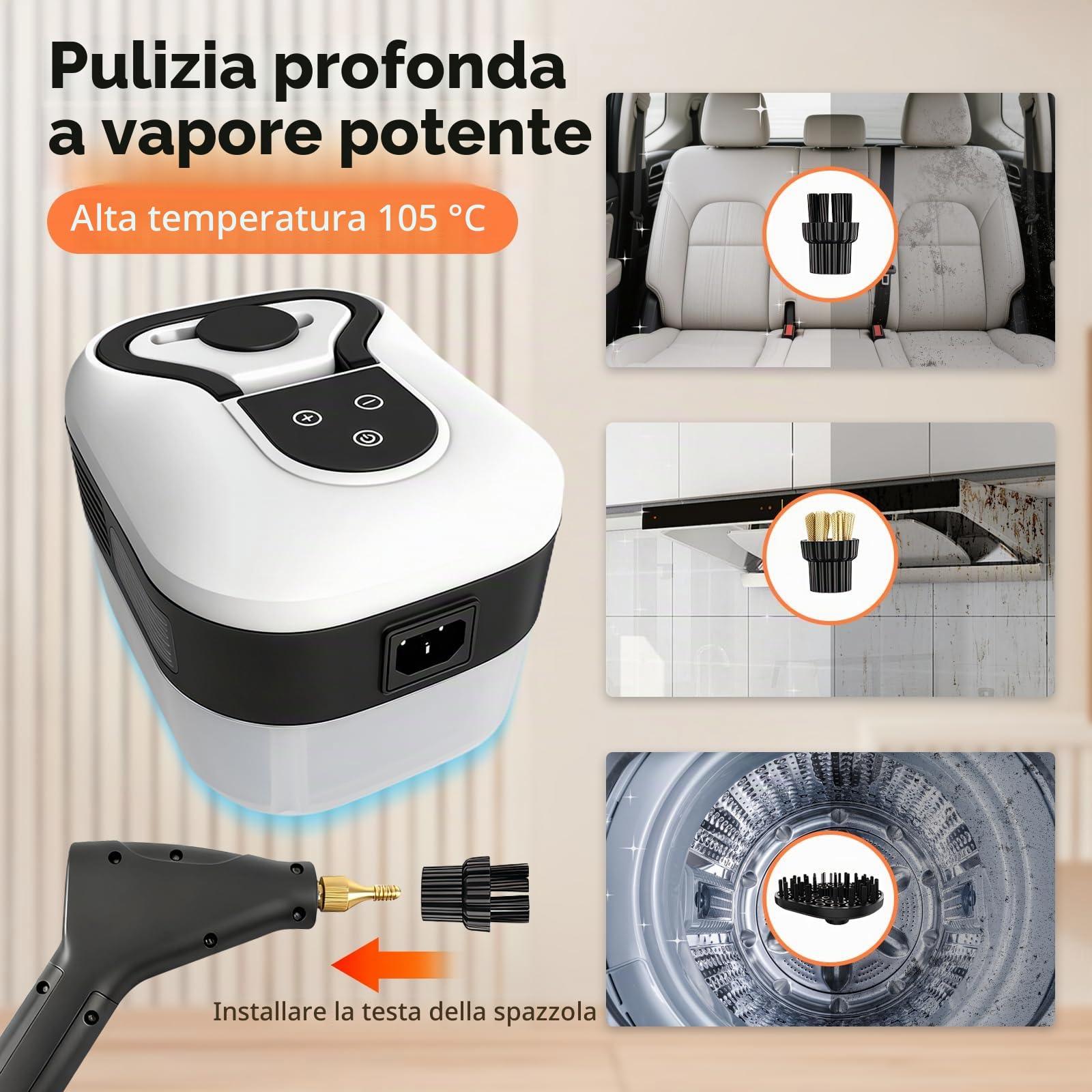 Pulitore a Vapore, Pulitore a Vapore Portatile Multiuso da 2500W con 6 Velocità Regolabili, Serbatoio 1200 ml, Steam Cleaner per Grasso Cucina, Piastrelle Bagno, Vetri, Divani auto (Bianco e nero)