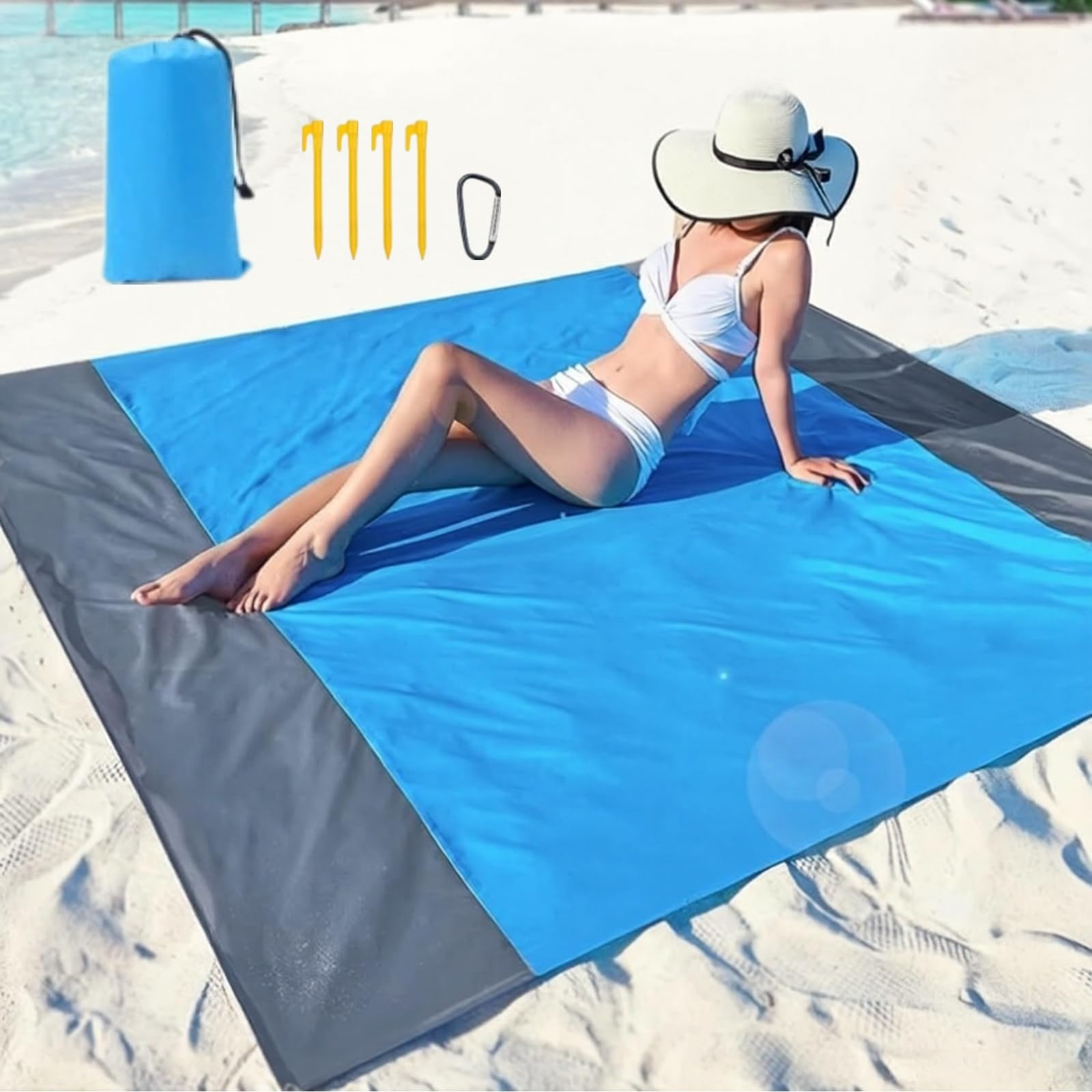 Koc piknikowy, bez piasku, wodoszczelny ręcznik plażowy, mata plażowa, 4 narożniki do umocowania w podróży, na kemping, piknik, do spakowania, z torbą (niebieski/szary) | Mata plażowa, 4 narożniki do mocowania, na podróż, kemping, piknik, do spakowania z
