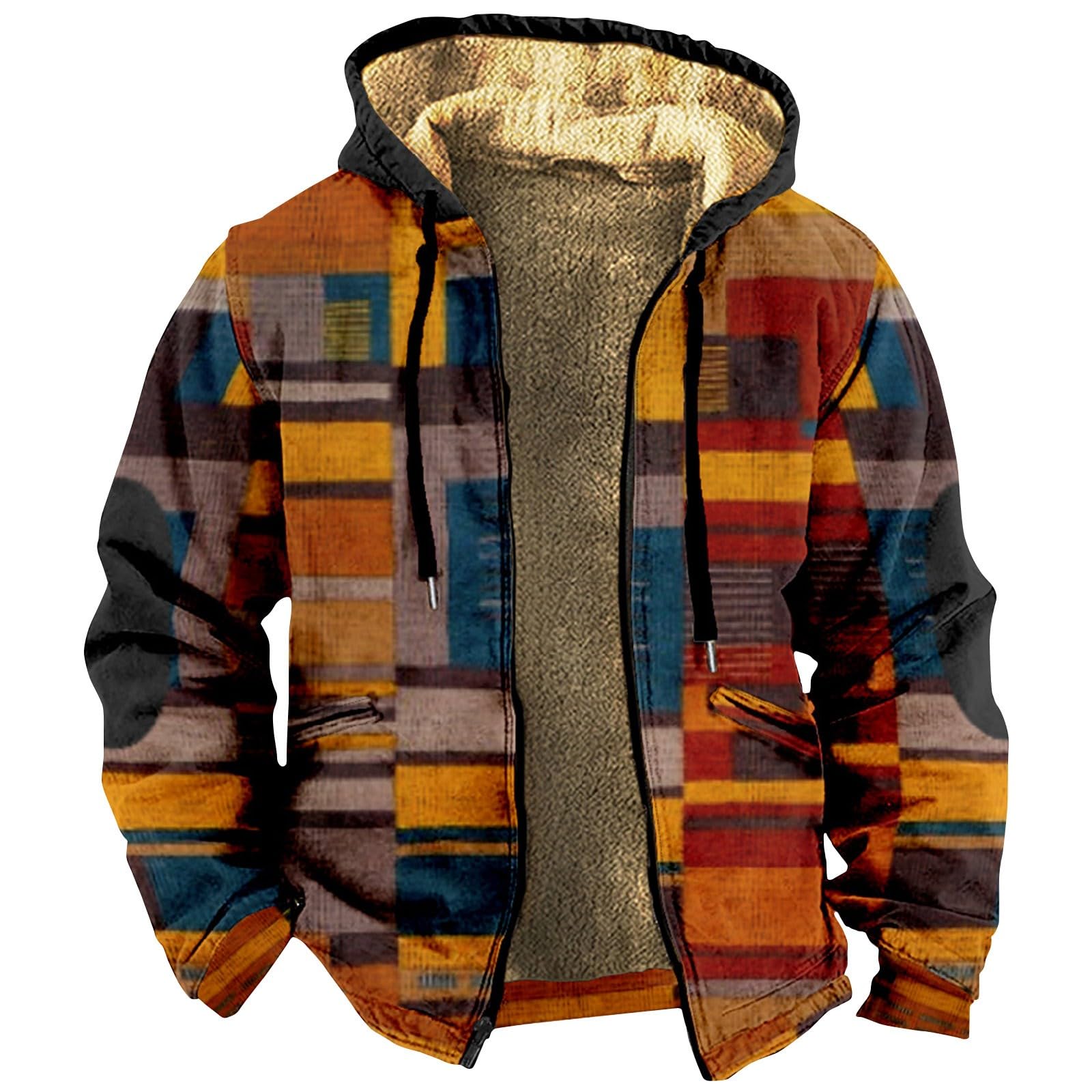 SOOUICKER Fleecejacke Herren Kapuze Sweatjacke Herren Gefüttert Zip Hoodie Herren mit Print Fleecejacke Herren Kariert Vintage Sweatjacke Herren Fleece Hoodie Herren mit Reißverschluss
