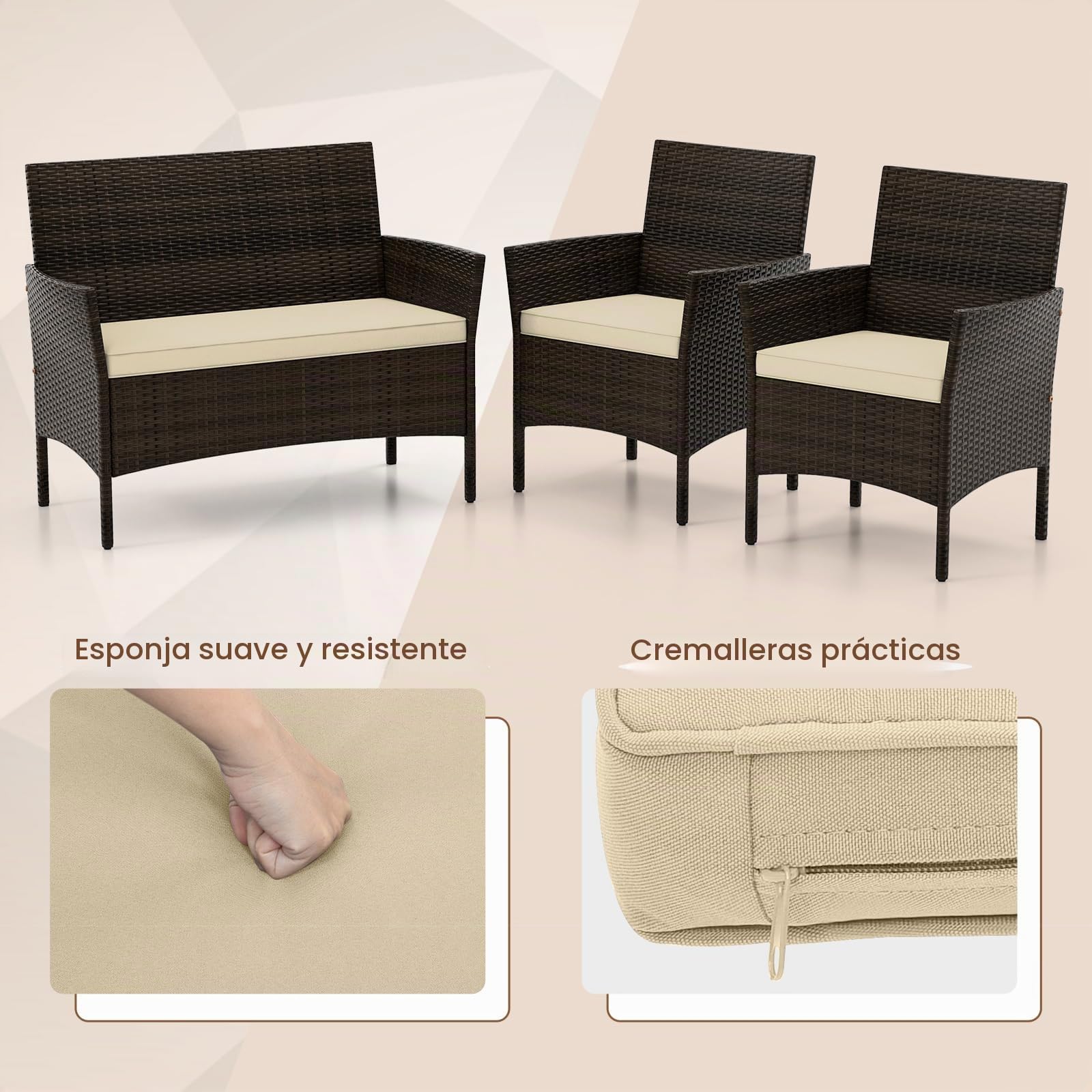SOARS Juego de salón de jardín de 4 piezas, muebles de jardín con cojines, sofá de 2 plazas, 2 sillones de ratán PE, mesa baja de cristal, muebles de exterior para terraza, balcón (marrón+marrón)