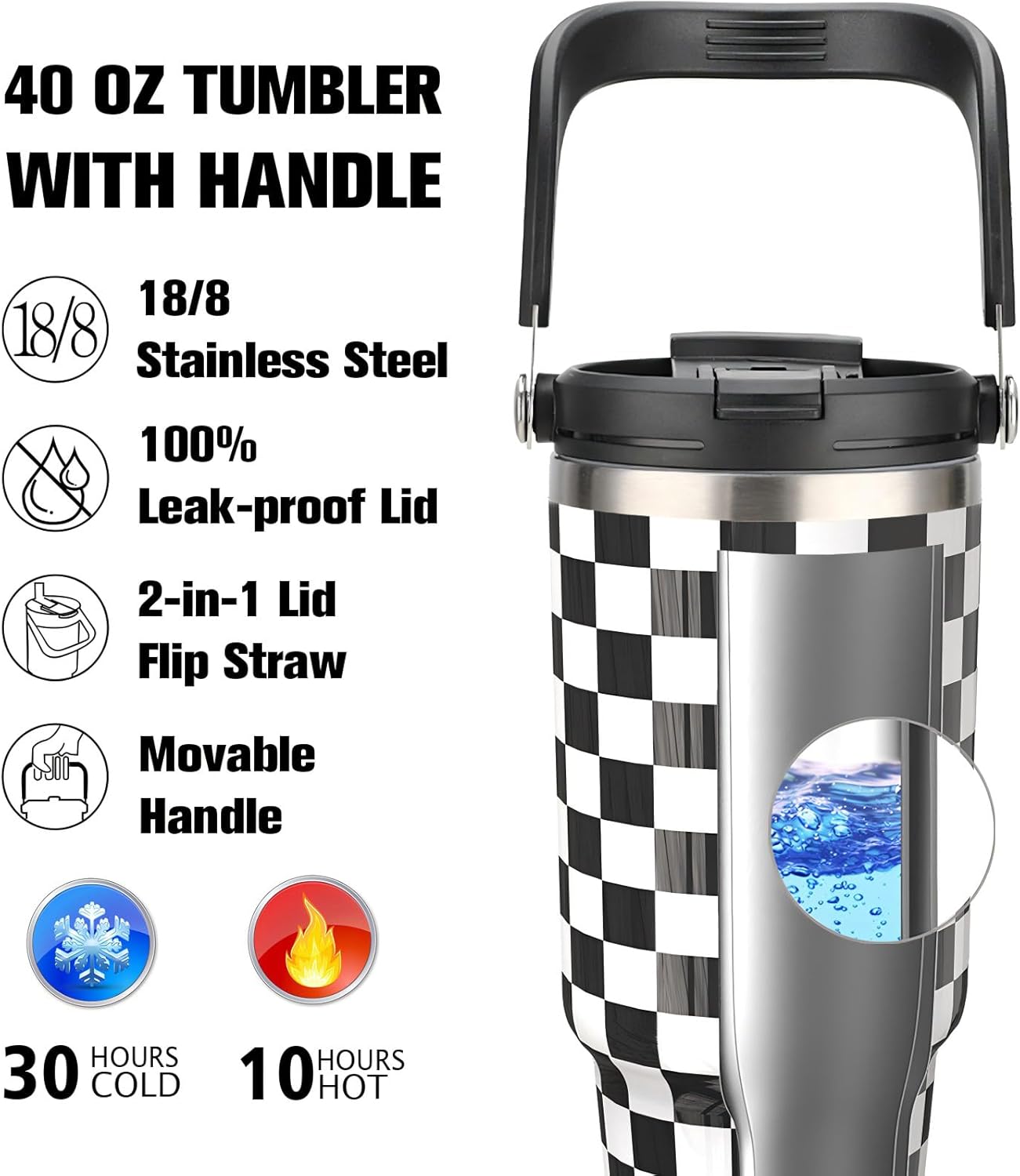 40 oz Tumbler with Handle and 2-in-1 Lid Flip Straw, 100% Leak Resistant Water Bottle, Double Wall Vacuum Stainless Steel Insulated Tumblers Travel Iced Tea or Coffee Mug Men Women Gift - Image 2