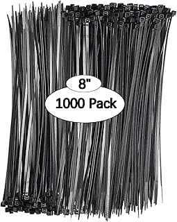 Black Zip Ties 8 inch (1000 Pack), 40lbs Tensile Strength, UV Resistant black Cable Ties heavy duty, Self-locking Plastic Ties for Indoor and Outdoor Use