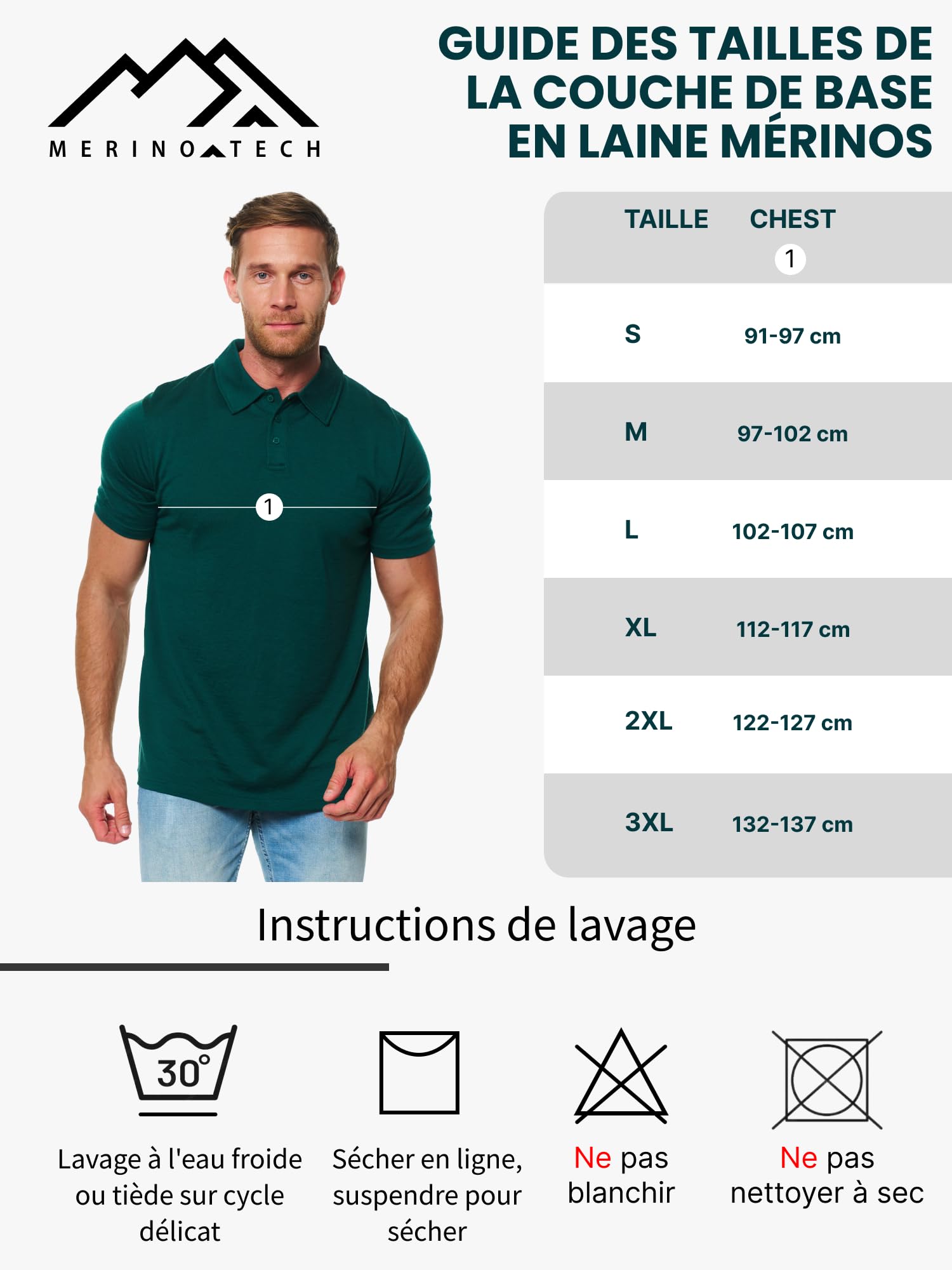 Merino.tech 100% Merinos Polo Homme - Polo Shirt Manches Courtes & Longues | Col Classique, Anti-Odeur, Régulation Thermique, Anti-Plis, Pour Le Bureau Et Les Loisirs, Lavable En Machine