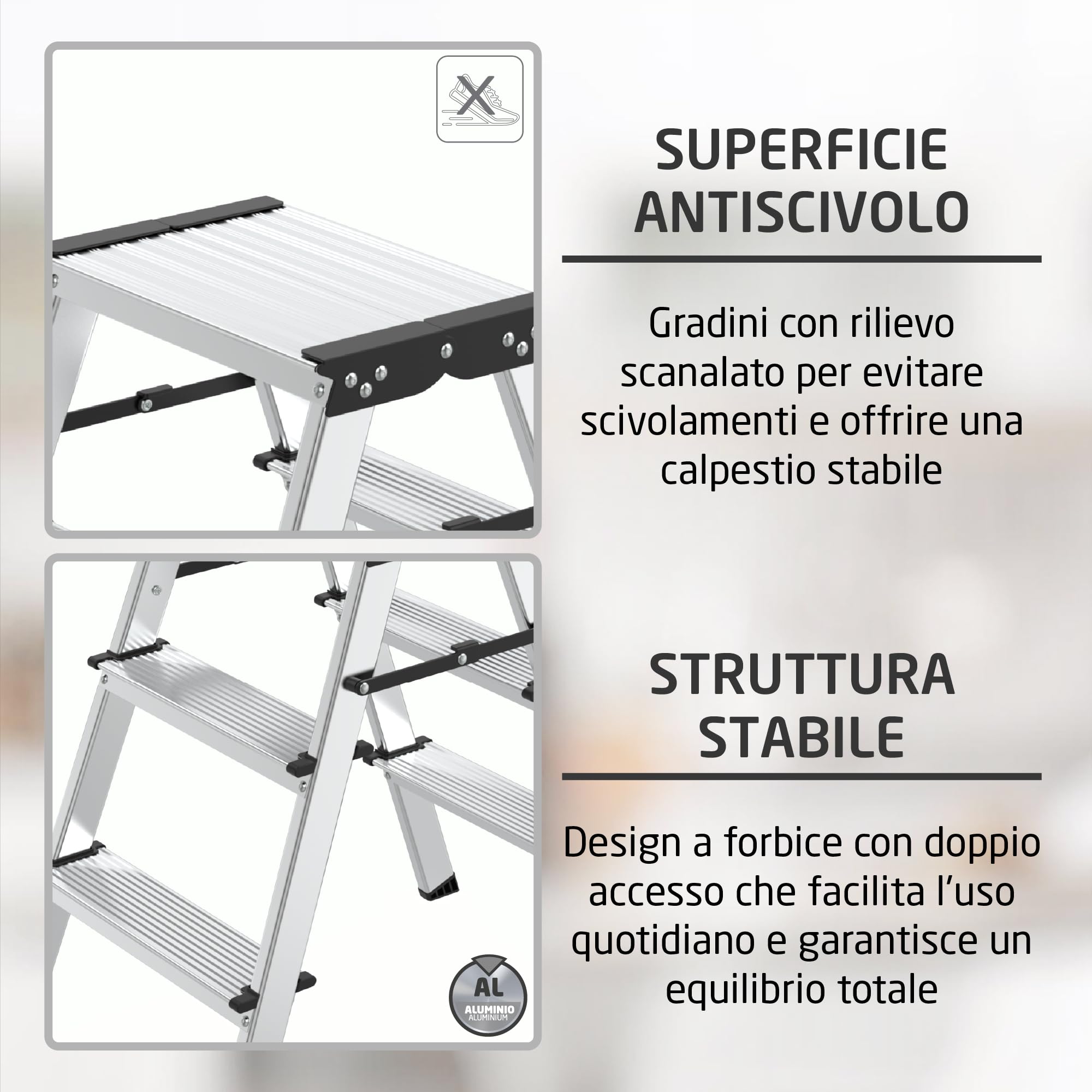 Amig Sgabello Pieghevole 3 Gradini Alluminio 57x60x36 cm | Leggero e facile da trasportare. Gradini antiscivolo e chiusura compatta.