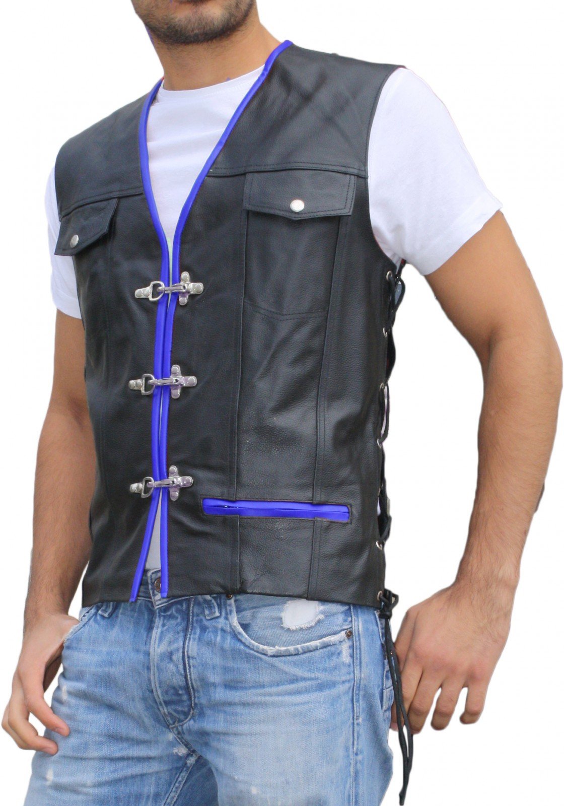 German Wear Lederweste Herren Motorradweste Bikerweste aus echtem Kalbsleder mit seitlicher Schnürung Karabinerhaken und Taschen Ärmellos Schwarz Blau