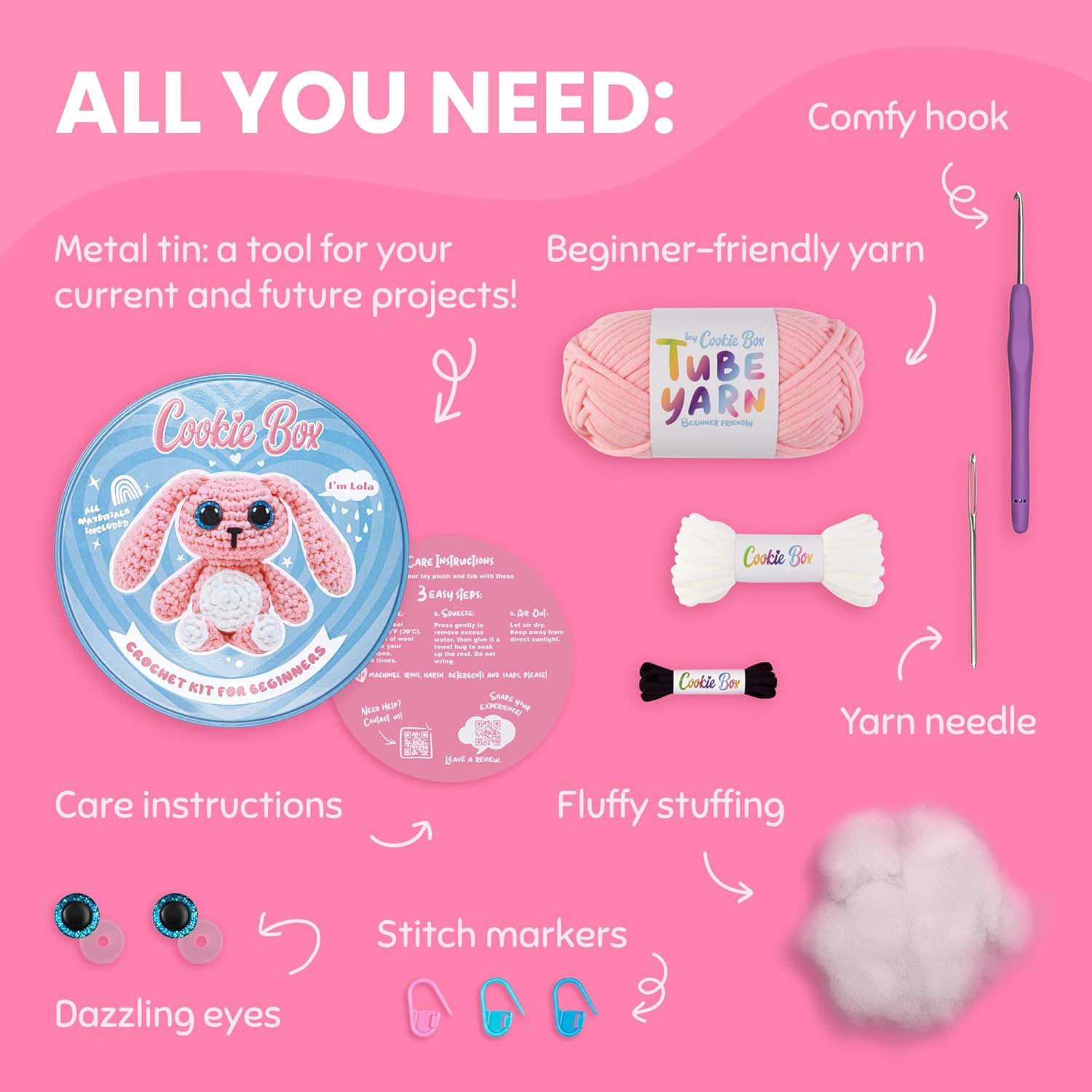 Cookie Box Original Crochet Kit for Beginners – Gift Set to Make Bunny Lola Amigurumi Plushie – Easy DIY Crochet & Knitting Starter Kit with Video and PDF Tutorials