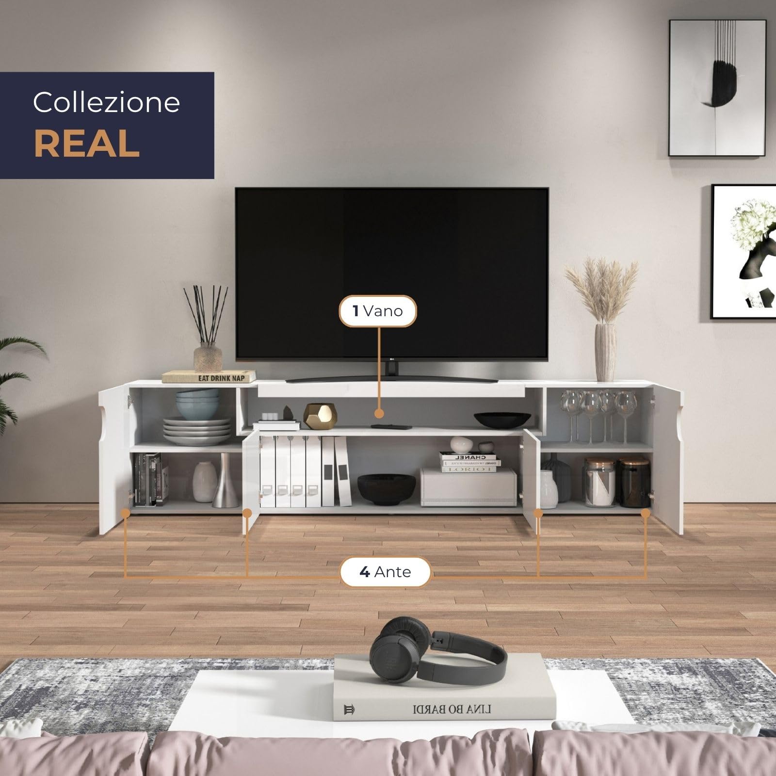 WHOUS Mobile Porta TV REAL per Soggiorno con 4 Ante, Mobile Tv per Salotto in Legno, 240x40x60 cm, Bianco Lucido