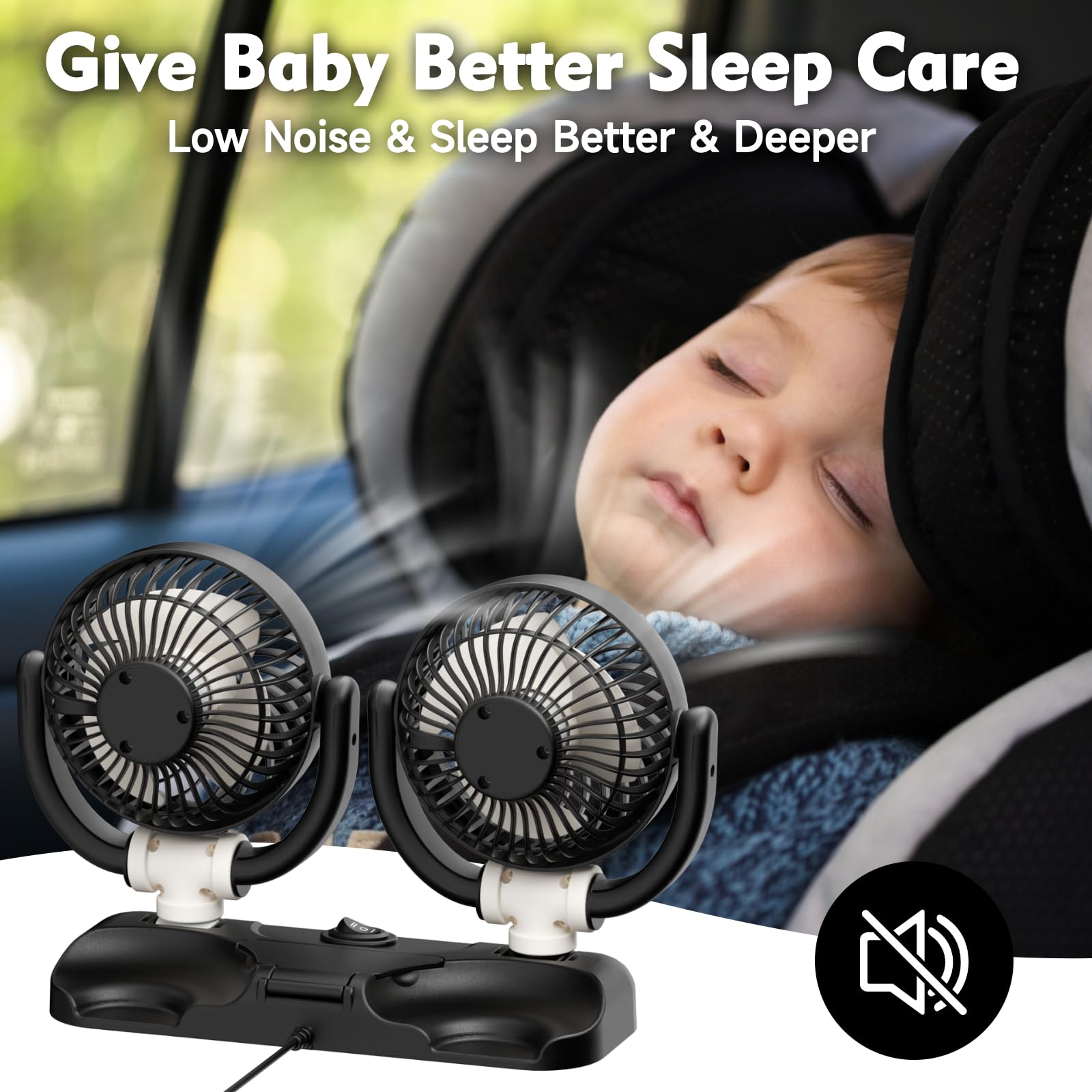 Ventilatore USB Per Auto - Doppia Testa Girevole | 3 Velocit&agrave; | Per Sedili Posteriori