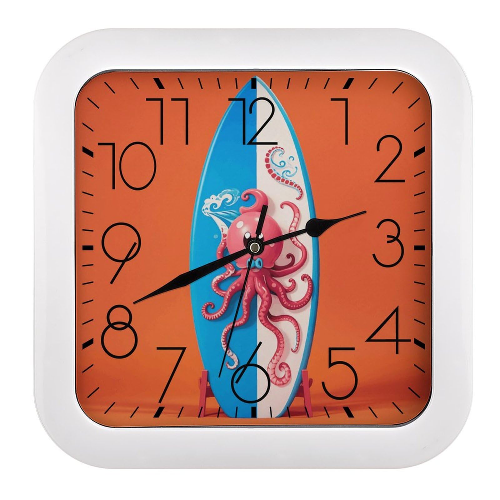 Horloge murale carrée plastique 25,4 cm sans tic-tac avec motif pieuvre imprimé