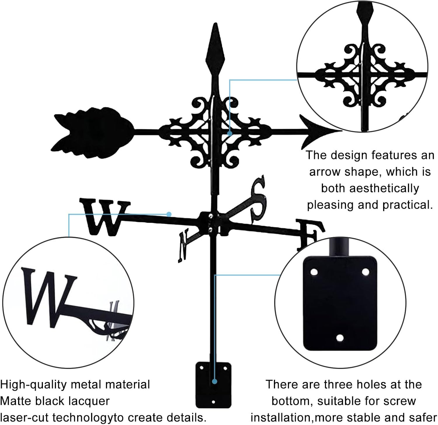 Metal Weather Vane Black Wind Vanes Indicator Wind Measuring Tool Weathervane Roof Mount for Gardens Outside Farmhouse Farm Barn Sheds Patio Decorations