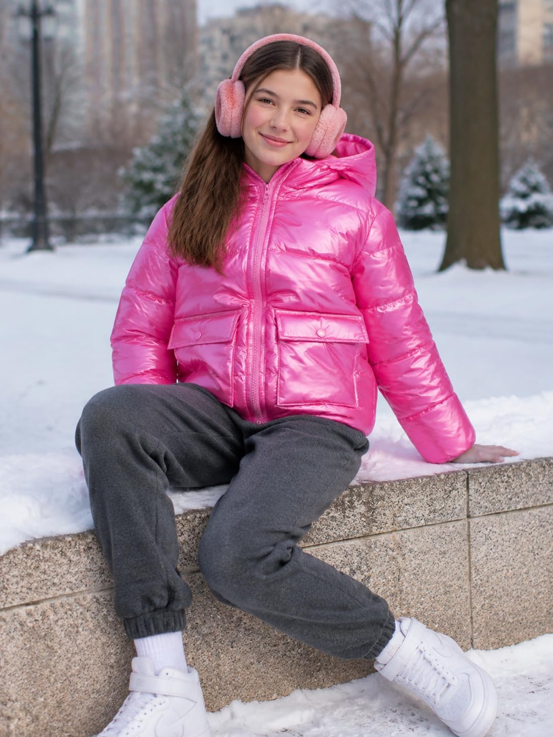 Funnycokid Girls Winter Coat Metallic Shiny Hooded Puffer Jacket 7-14Y