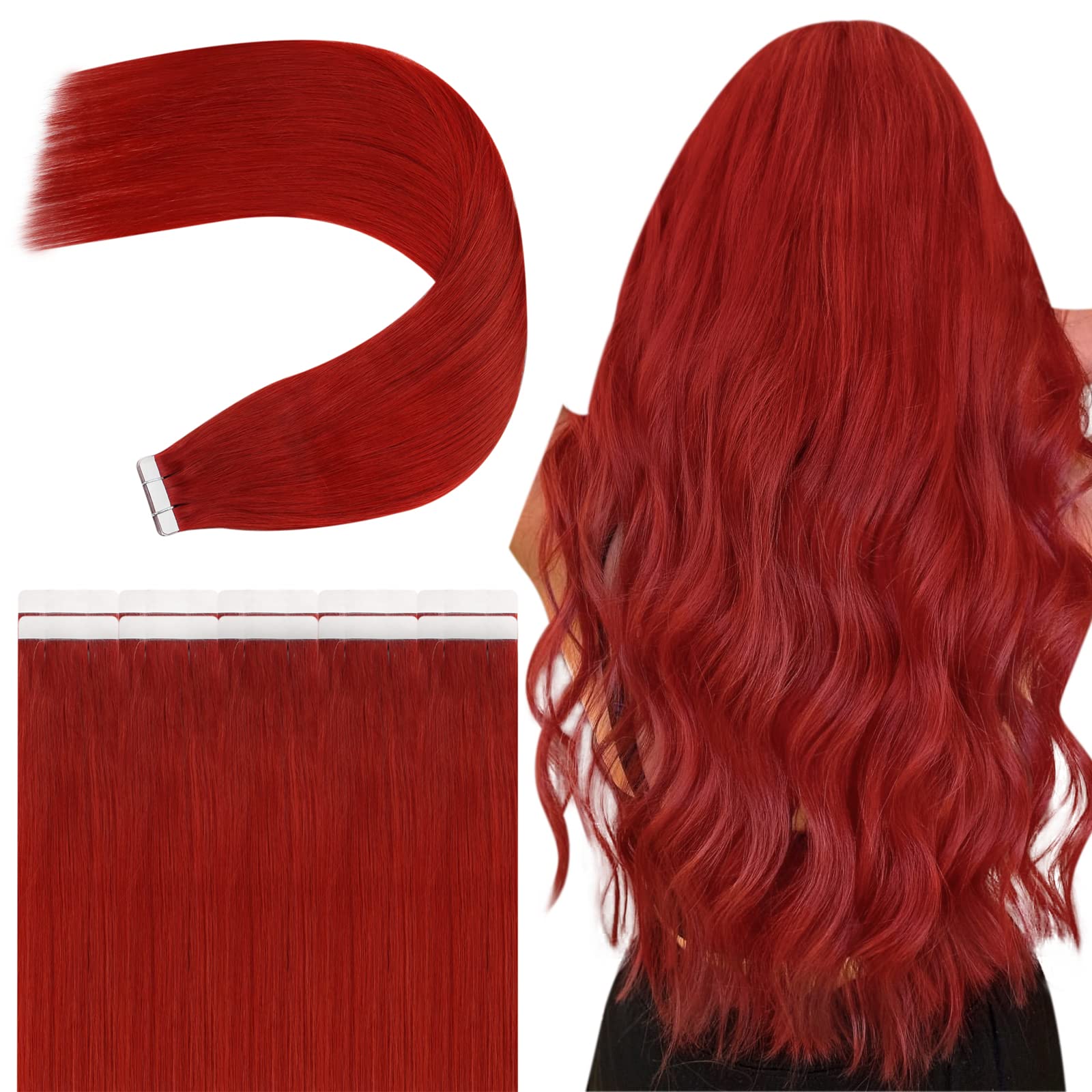 JoYoungTape in Red Hair Extensions Red Tape Hair Extensions Real Human Hair Invisible Tape in Hair Extensions Human Hair for Kids Colored Tape ins Hair Extensions for Highlight 12In 20G 10Pcs