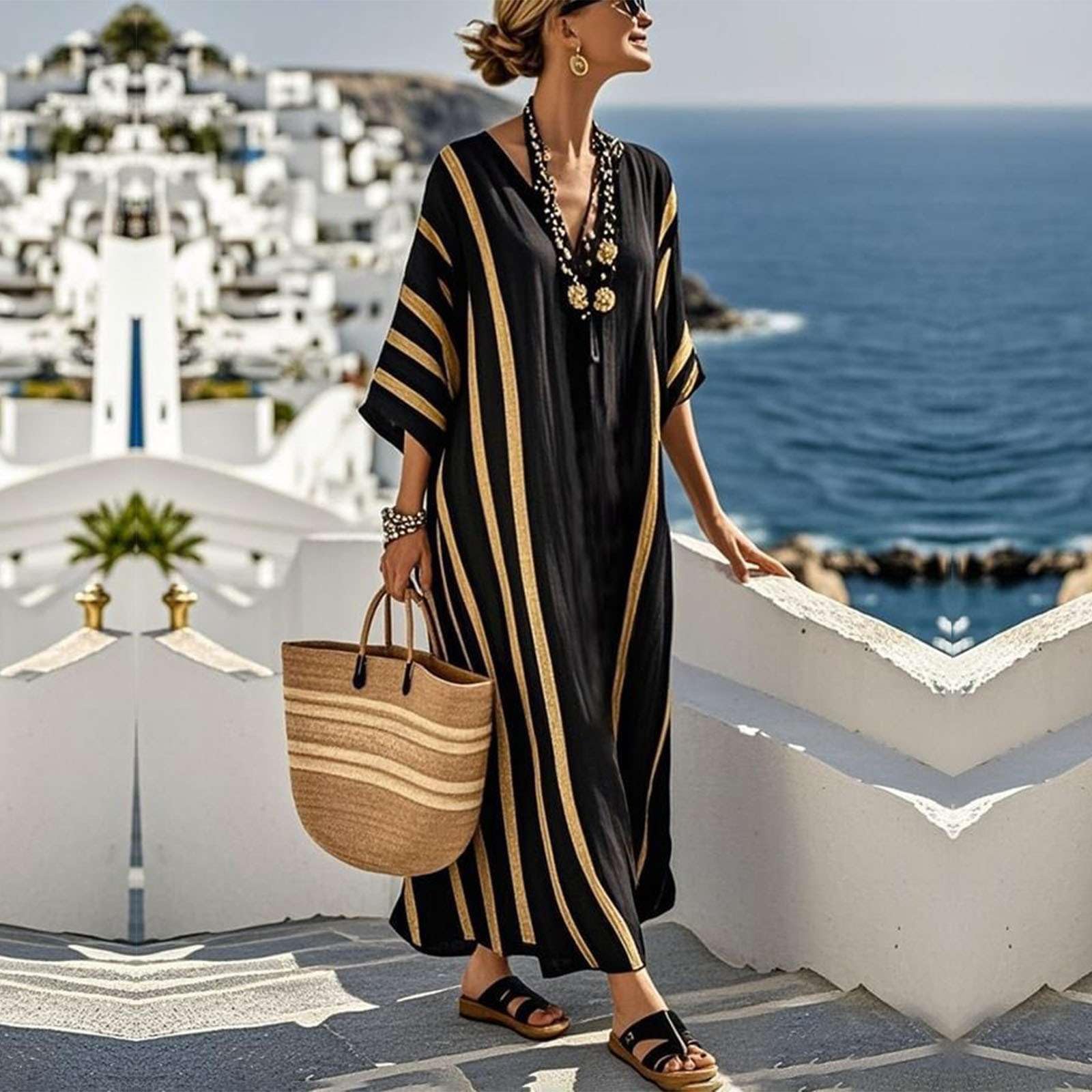 Abito Estivi Donna Lino Vestito - Abiti Lungo Elegante Boho Chic Kaftan Marocchino Copricostume Mare Spiaggia Curvy Taglie Forti Abbigliamento Leggero Eleganti Casual Dress con Tasche