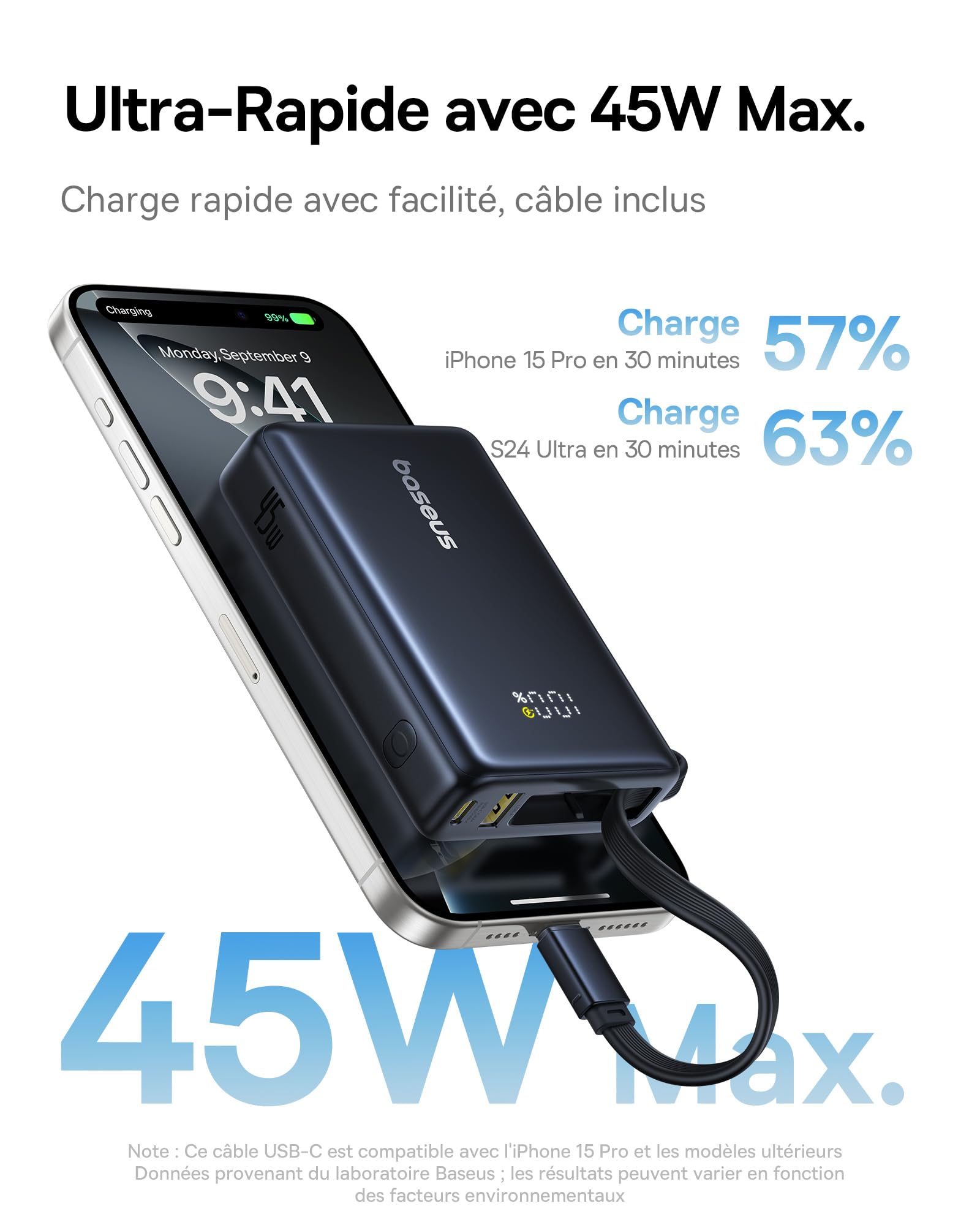 Baseus Picogo Power Bank 10000mAh 45W con Cavo USB-C Integrato, PD 3.0 QC 4+ Batterie Esterne 45 W, 2 USB-C e 1 USB-A, per iPhone 16 15 14 pro max plus, MacBook, ipad, Galaxy S24 Ultra, airpods pro