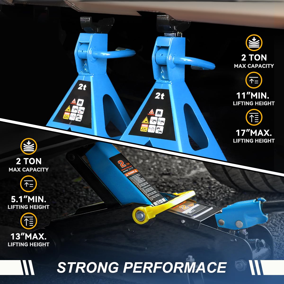 Auto Dynasty Universal Low Profile Garage Hydraulic Trolley Service Lift Floor Jack Combo with Ratchet Jack Stands, 2 Ton (4000 lbs) Capacity, Alloy Steel,Blue
