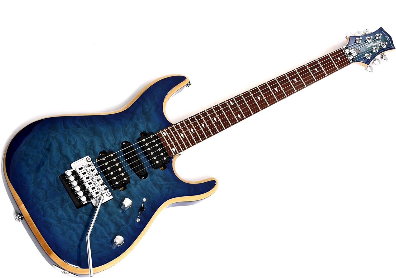Bootlegger Guitar Royal Humbucker, 2 Rail Humbucker, Humbucker Floyd Rose Double Lock Bridge Tremolo System 25.5 Scale 24 Frets Grover Tuners Blue Quilted Maple Gloss Cherry Rosewood Fingerboard