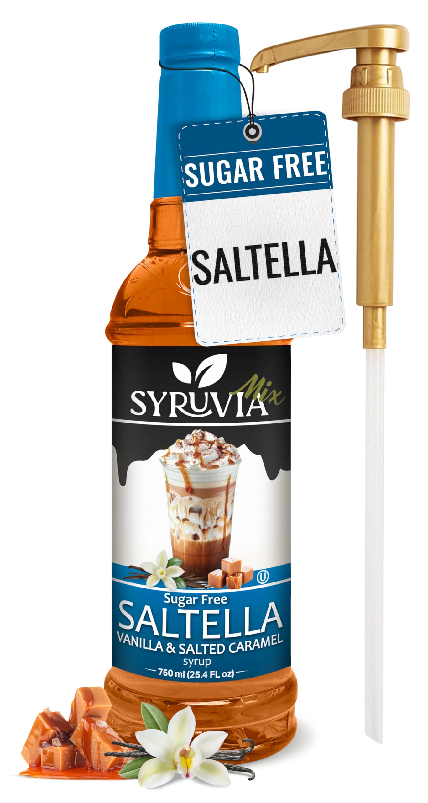 SYRUVIASugar Free Coffee Syrup, SALTELLA Syrup, Vanilla Salted Caramel Flavored Syrup for Drinks, Lattes, and Desserts – 25.4 fl oz, With Pump