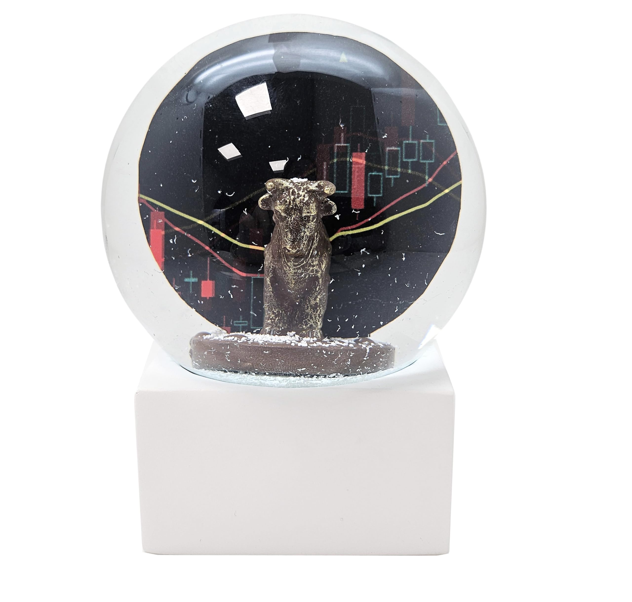 10009 Boule à neige en verre Bulle & Ours | Socle blanc angulaire | Idée cadeau boursian | Presse-papiers pour trader | H : 12 cm l : 10 cm | 10 cm