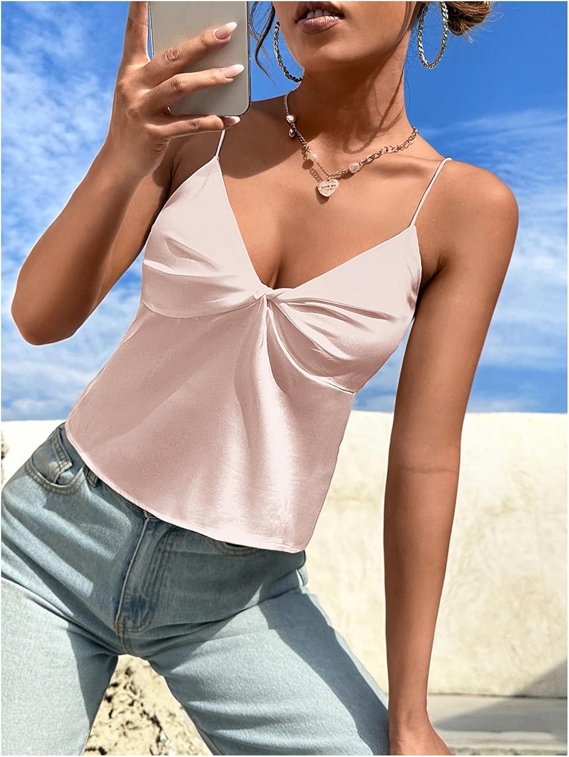 Floerns Women's Silk Satin V Neck Camisole Twist Front Spaghetti Strap Going Out Crop Tops - Image 5
