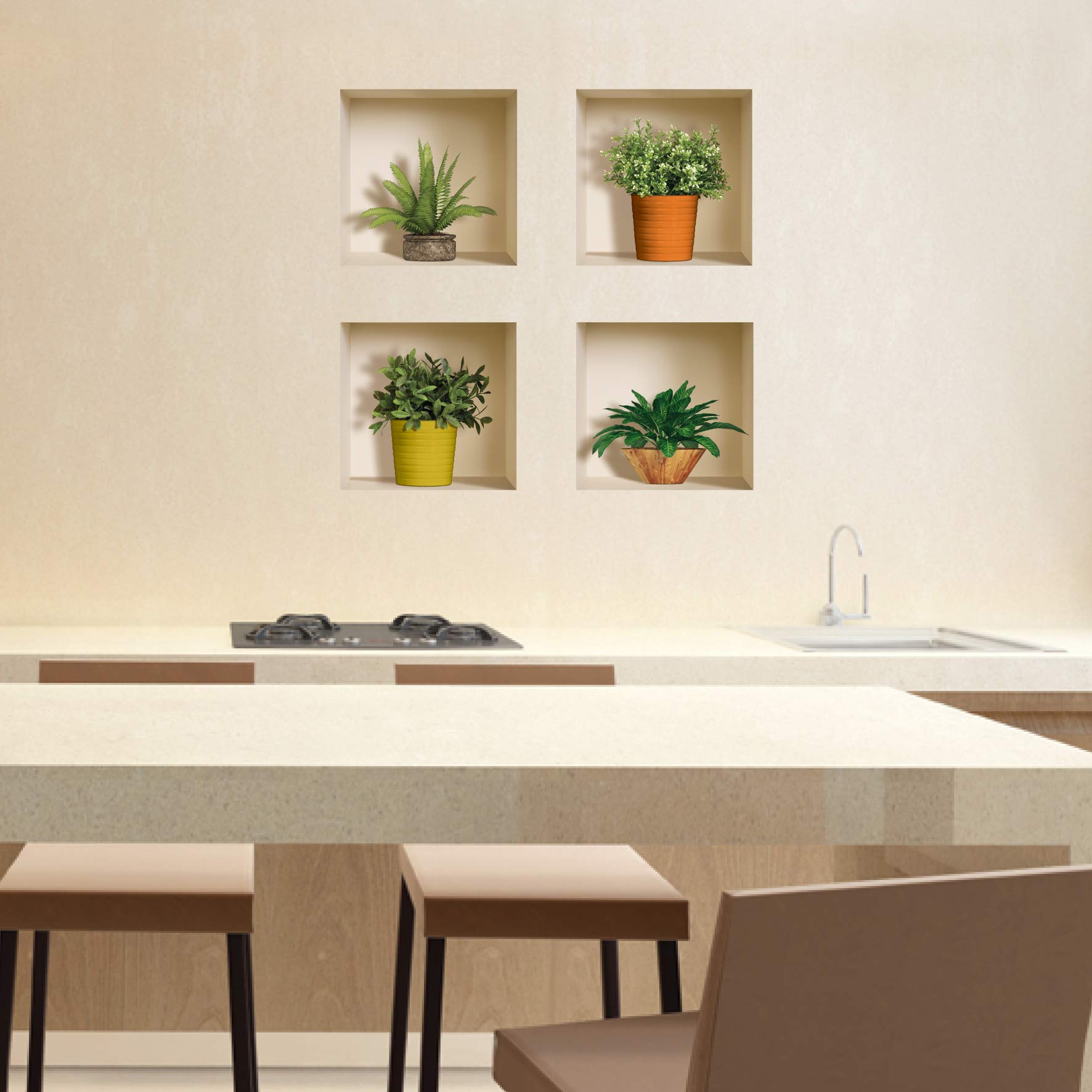 The Nisha Art 3D Removable Wall Decals - Set Of 4 Green & Brown Plant Stickers, 12.5"x12.5" Each | Easy DIY Home Decor