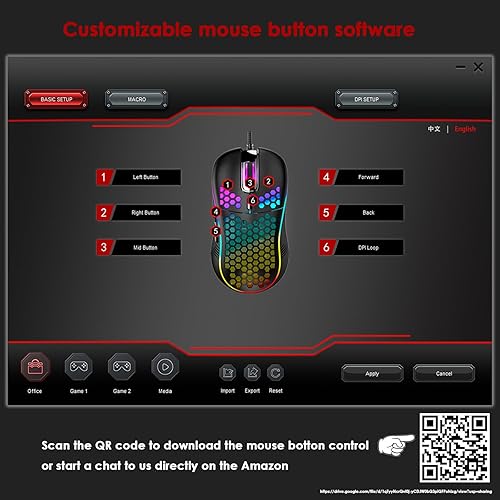 Miniatura 6 de Honeycomb - Mouse para juegos con cable, retroiluminación RGB y 7200 DPI ajustables, mouse USB ergonómico y ligero con sensor de alta precisión para