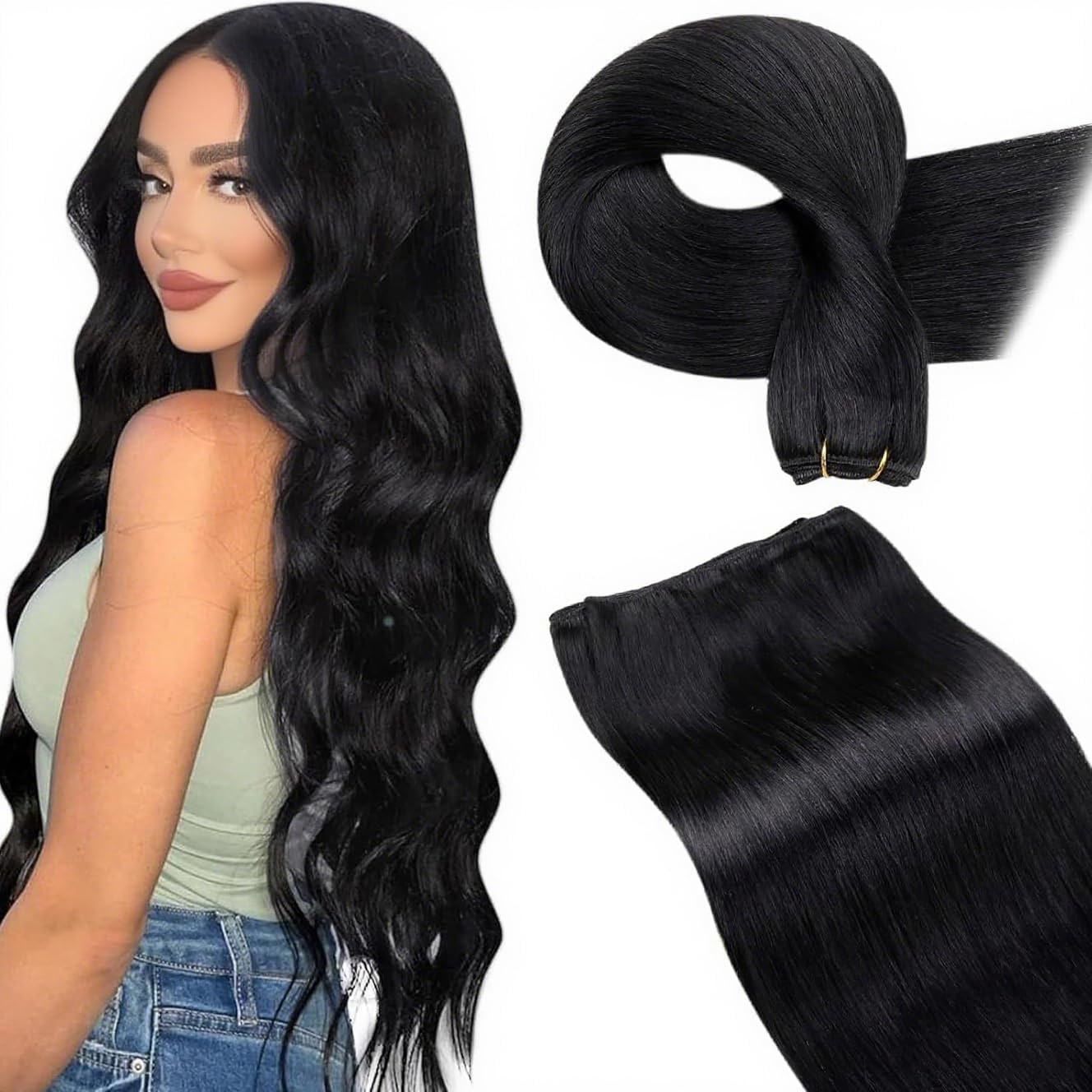 LaaVoo Extension Capelli Veri Tessitura Nero Jet 50cm 100g, Matassa Lucente Remy, Nero Intenso e Brillante, per un Look alla Moda #1
