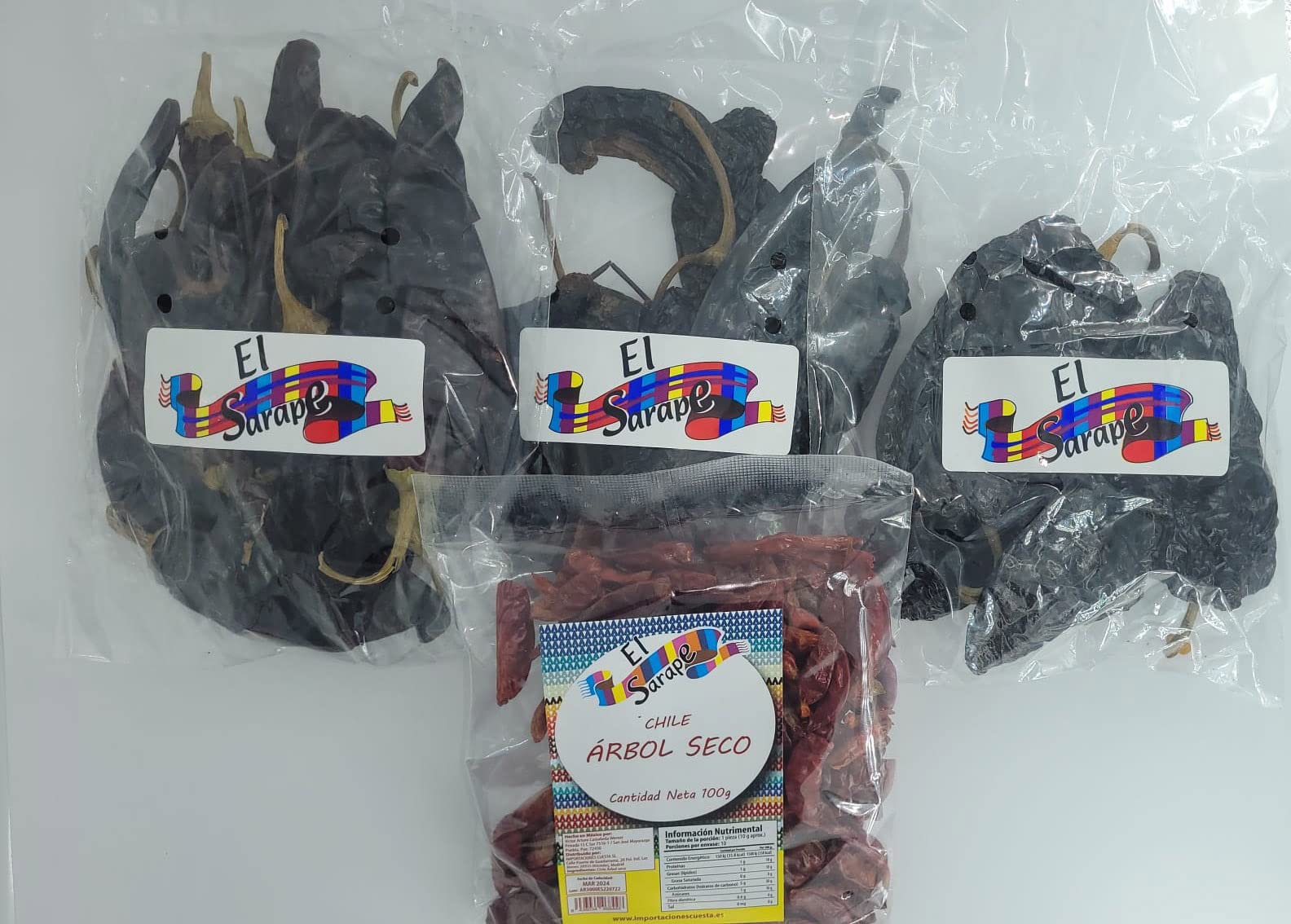 El Sarape Pack Chiles Mexicanos 4 Variedades Chiles Secos 100g Chile de Árbol Guajillo Pasilla Ancho