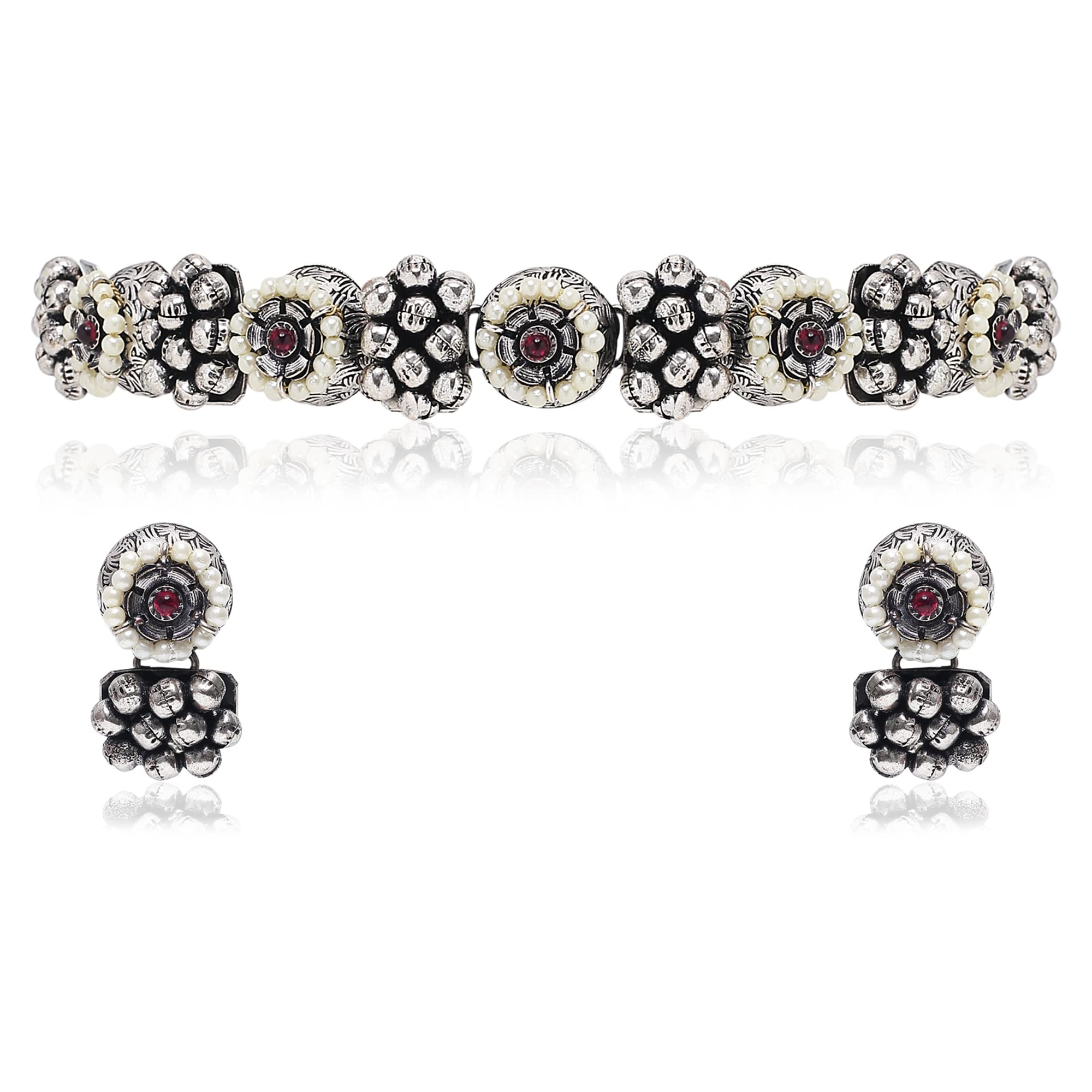 I Jewels Navratri Ethnic German Silver Oxidised Jewellery Antique Choker Necklace Set with Earrings for Women & Girls(MC092OX) (B09XVGYMW9) Amazon Price History, Amazon Price Tracker