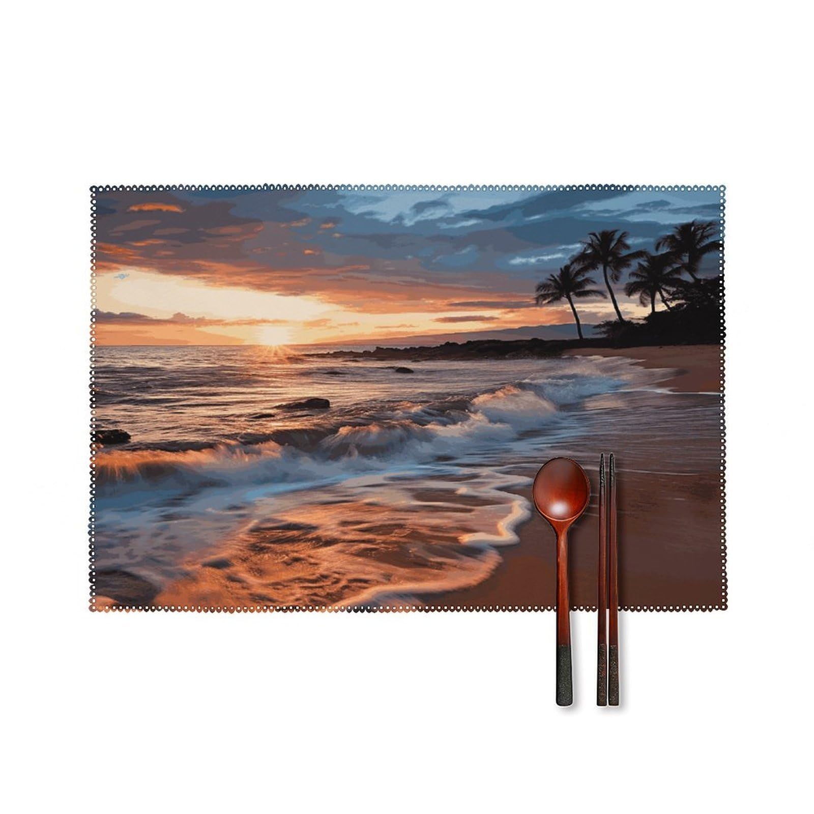 Beach Maui Hawaii Sunset Sea Waves Clouds Placemats Washable Canvas Place Mats Decoration Placemat for Dining Table Easy to Clean Tables Mat Set of 6 for Kitchen Dining Room Coffee Table
