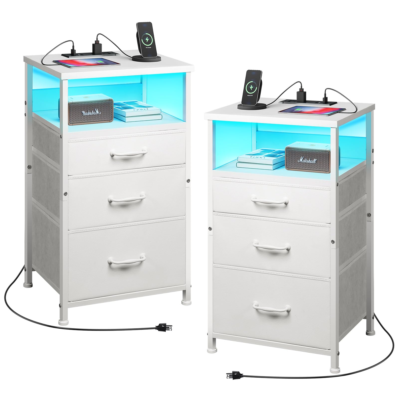 Yetom Nightstand with Charging Station Set of 2, LED Night Stand with3 Fabric Drawers, Side Table with Open Shelf, End Table with Steel Frame, 3 Drawer Dresser for Bedroom, White