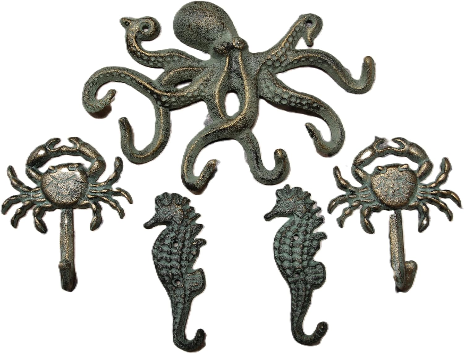 Ocean Life Wall Hook Set, 5 Piece Nautical Decor with Octopus, Crab, Seahorse, Blue-Green Bronze Finish, N-25,46, BL-34