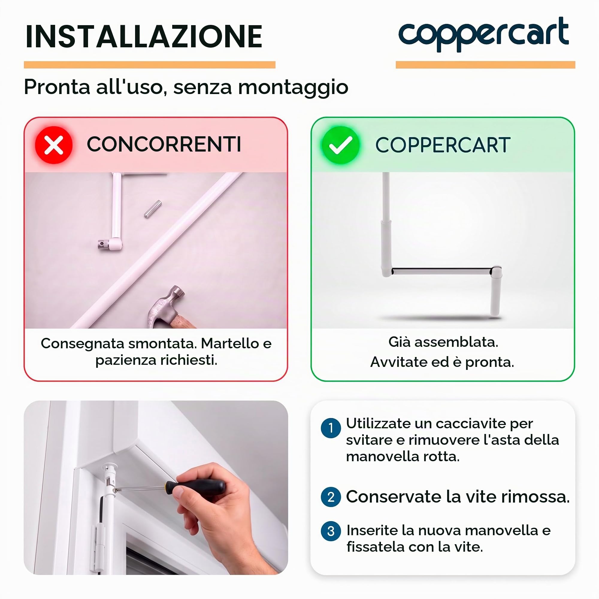 Manovella completa per persiana avvolgibile 1300 mm - E618D - Acciaio laccato bianco, diametro esterno 12 mm, con impugnatura ergonomica e clip di fissaggio a parete - Qualità francese