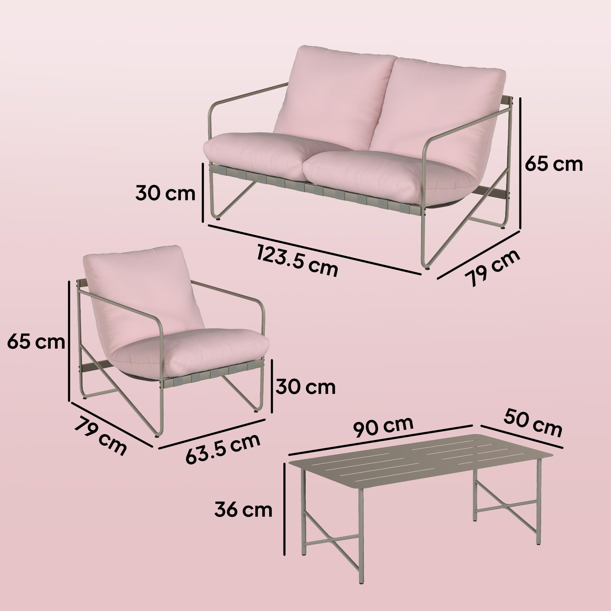 Outsunny Set Salotto da Giardino 4 Pezzi, Set di Mobili da Giardino in Metallo con Divano 2 Posti, 2 Poltrone, Tavolino con Piano Metallo, Cuscini Spessi, Salottino da Esterno per Patio Balcone, Rosa
