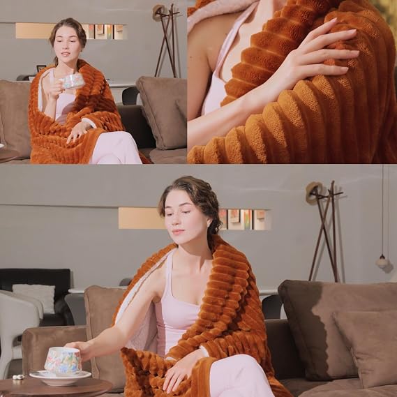 Burnt Orange Sherpa Fleece Throw Blanket 5060for Couch Sofa Bed | Double Side Soft Fuzzy Cozy Plush Thick Flannel Blanket with Striped Design Gift for Adults,Woman