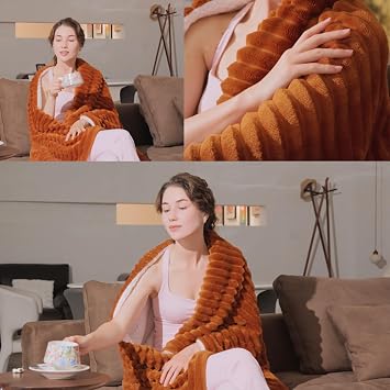 Burnt Orange Sherpa Fleece Throw Blanket 5060for Couch Sofa Bed | Double Side Soft Fuzzy Cozy Plush Thick Flannel Blanket with Striped Design Gift for Adults,Woman