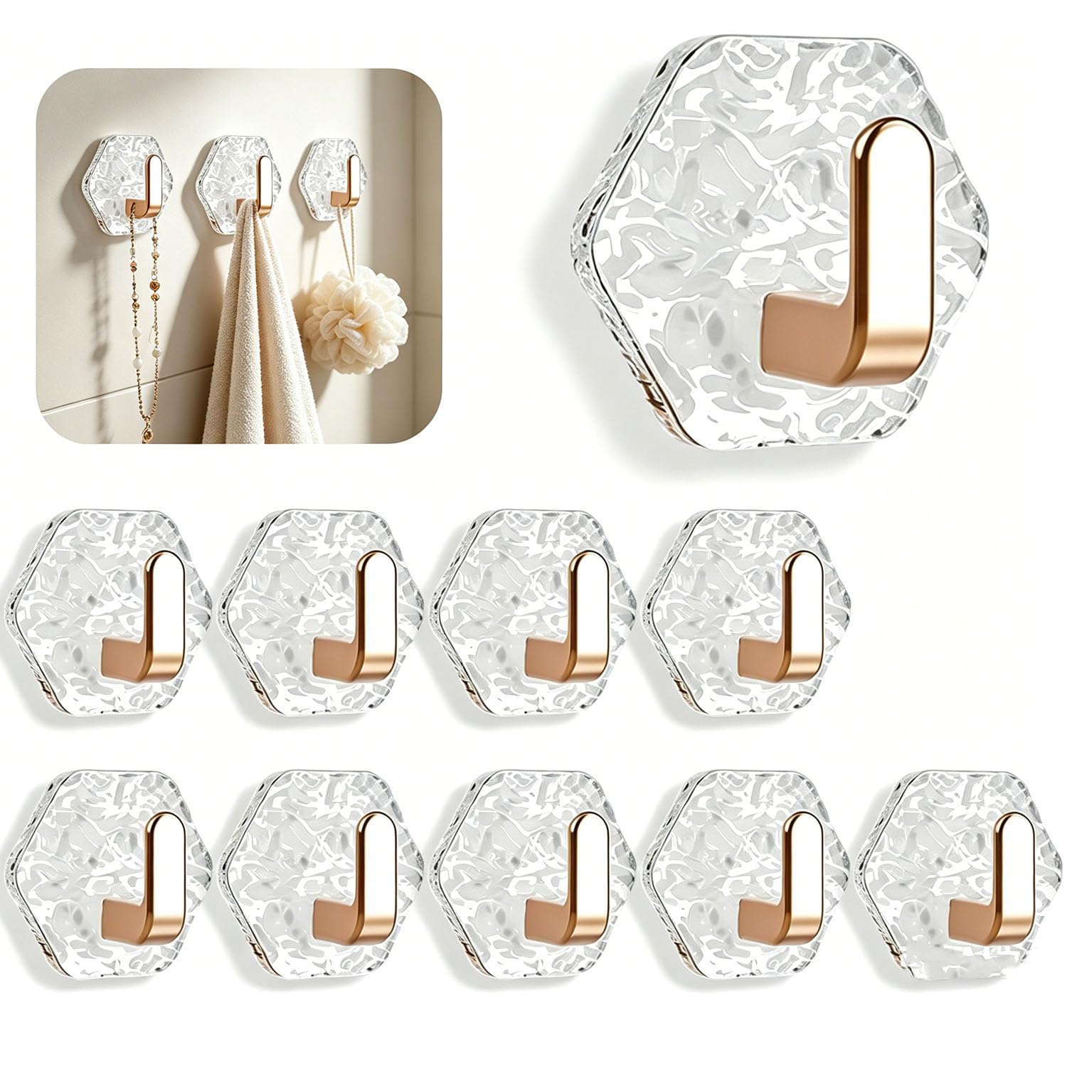 View 1 of 10PCS Water Ripple Hexagonal Self Adhesive Hooks, No Drill Wall Hooks, Self-Adhesive Hooks Easy Installation Bathroom Kitchen Wall Hook for Towels, Keys & Home Decor, Home Organization