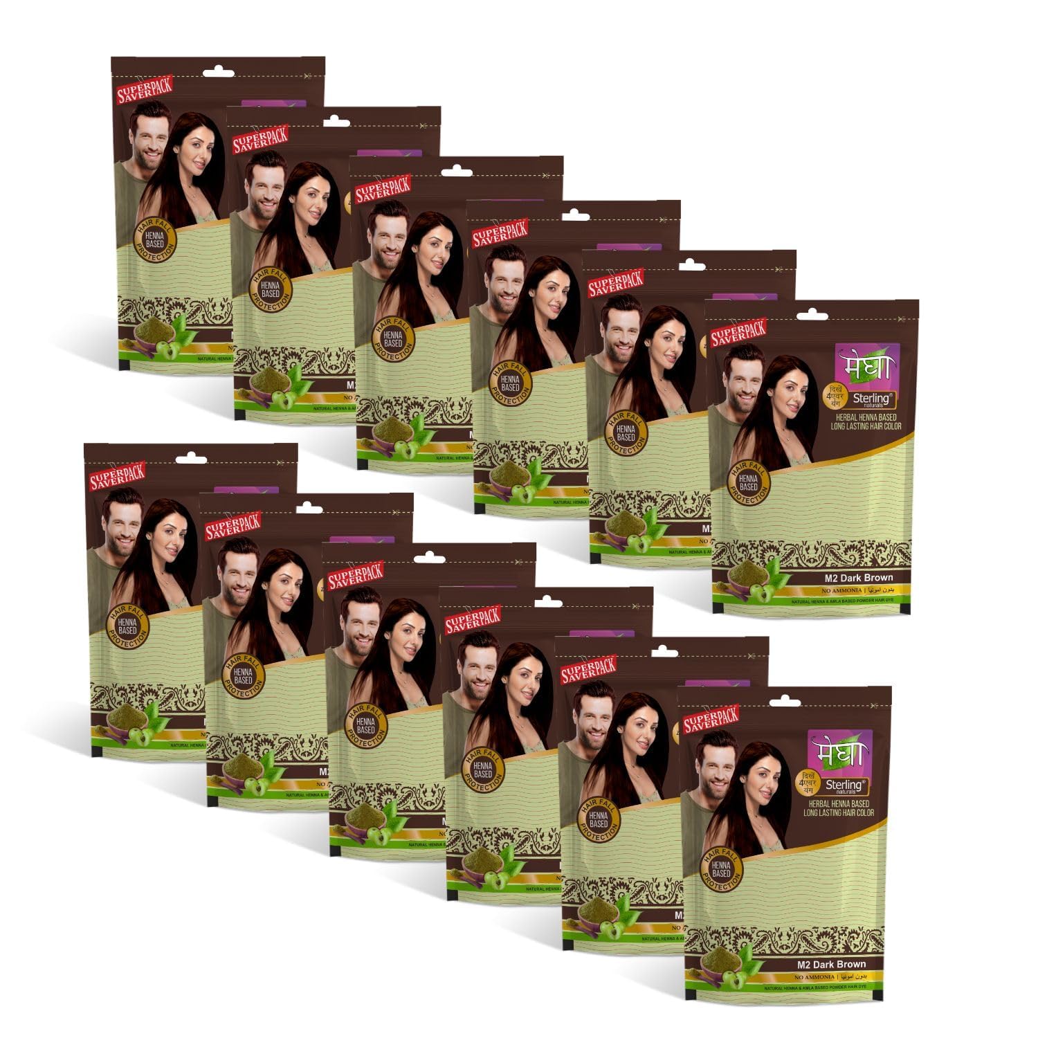 Megha Mehandi Hair Care Powder – Herbal Henna Based Long Lasting Hair Color Free Applicator Brush Inside (Pack Of 12, 15g) For Natural Henna & Amla Based Powder Hair Dye Solution | For Men & Women (Dark Brown)