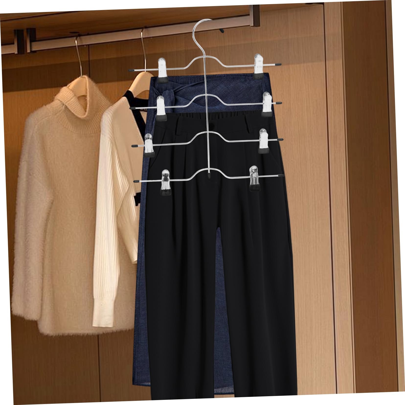 TOPBATHY 4 Pezzi Grucce per Pantaloni con Clip, Salvaspazio, 4 Strati, in Acciaio ad Alto Manganese, Nero, per Armadio e Capi senza Pieghe