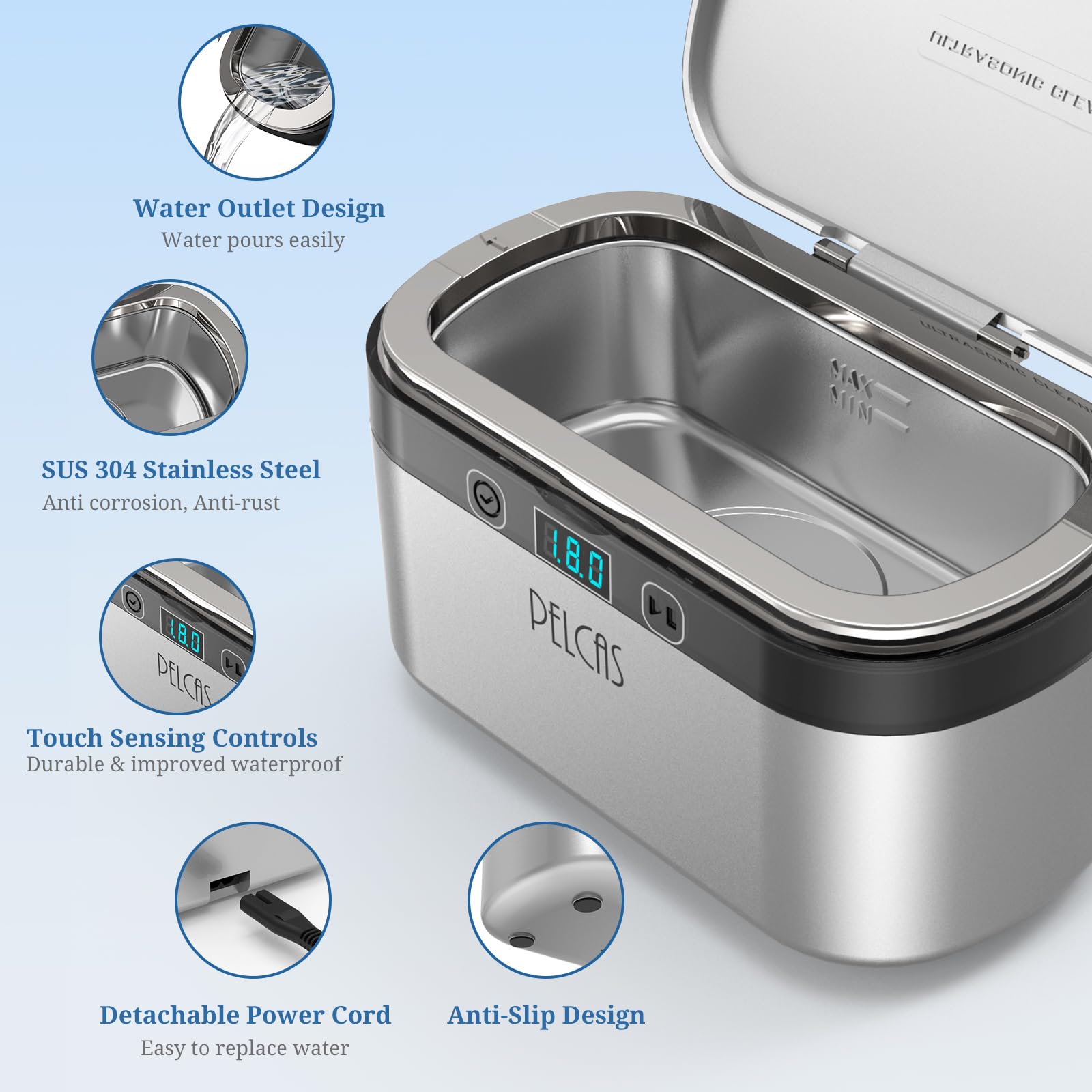 PELCAS Limpiador Ultrasonidos 45KHz 500ml Limpiador Ultrasónico Actualizado 38W Ultrasonidos Limpieza con Pantalla Táctil con 5 Modos de Temporizador para Joyería Dentaduras Postizas Gafas Relojes