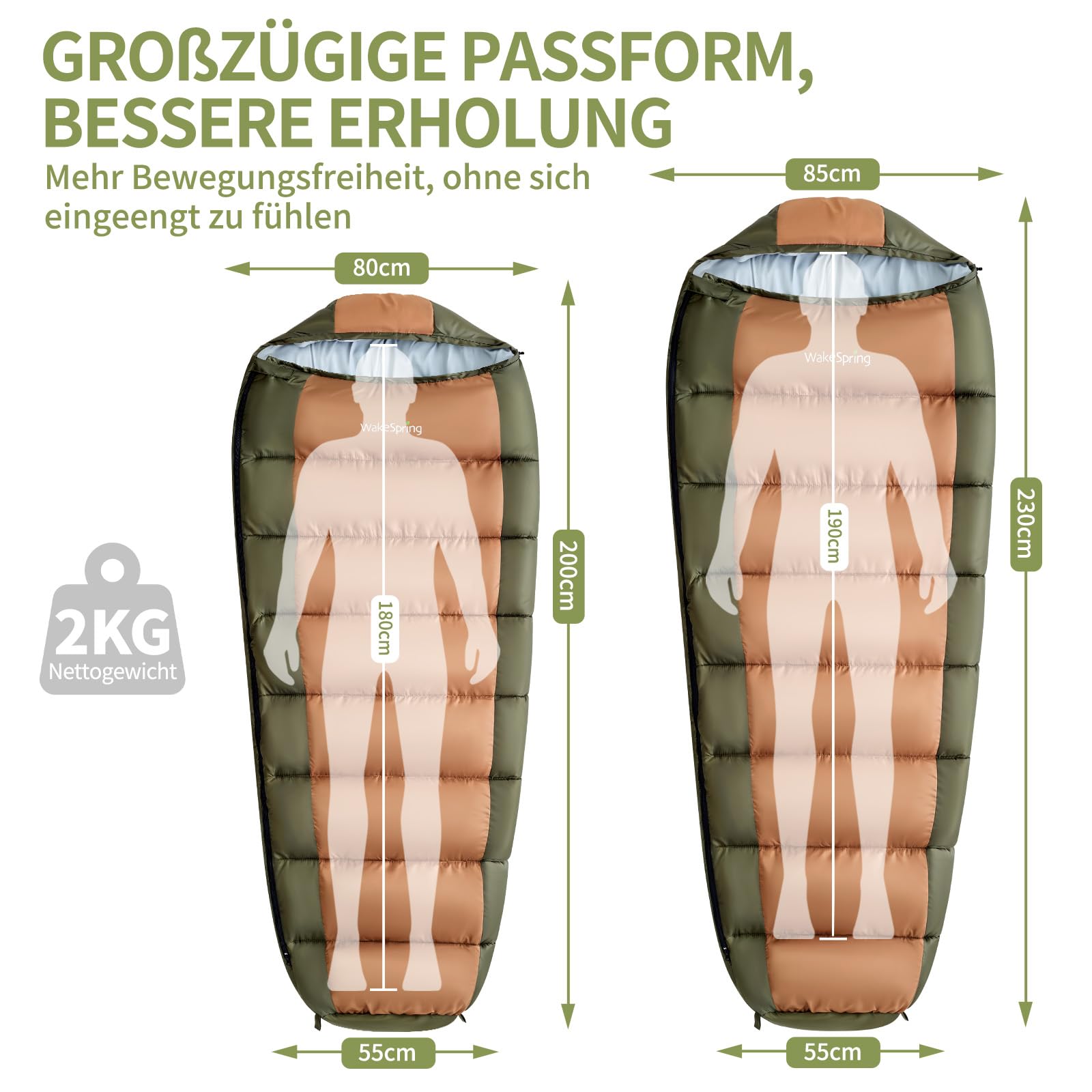 Schlafsack Erwachsene, 3-Jahreszeiten Mumienschlafsack Outdoor, wasserabweisender Camping Schlafsack Kapuze 450GSM, 200/230 cm, für Reisen