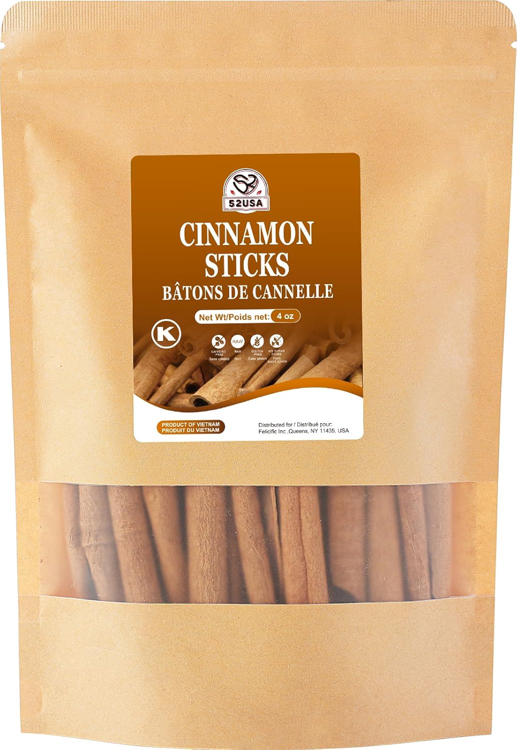 52USA Cinnamon Sticks, Cinnamon 4 oz (113g), Whole Cinnamon Sticks, 100% Raw, Kosher Certified, Gluten Free, Pure & Fresh Cinnamon, Perfect for Baking, Cooking & Beverages