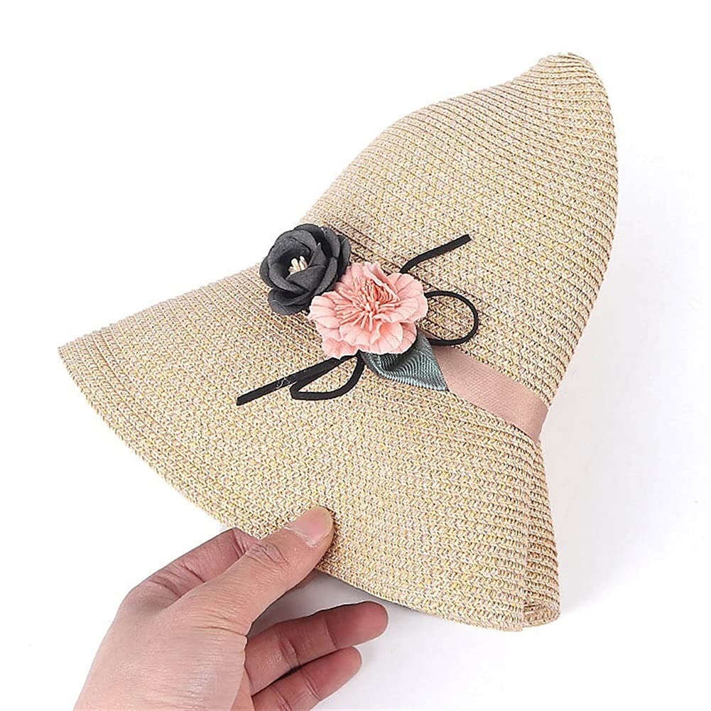 LNNSHX Sombrero de Paja Mujer Verano Señoras Playa Sombreros para el Sol Protección de Flores Gorra Plegable Viajes Vacaciones Panamá Sombrero para el Sol (B Mcode)