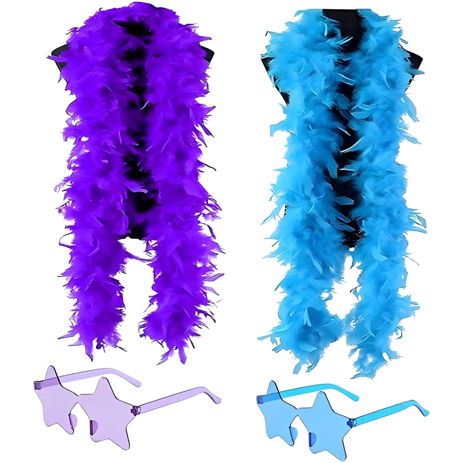 4 Pcs Feather Boas Multipack,2 Fluffy Feather Scarf, 2 Star Glasses for Dance Performances, Halloween Costumes, Christmas Decorations, Weddings, Carnival Celebrations Feather Bower