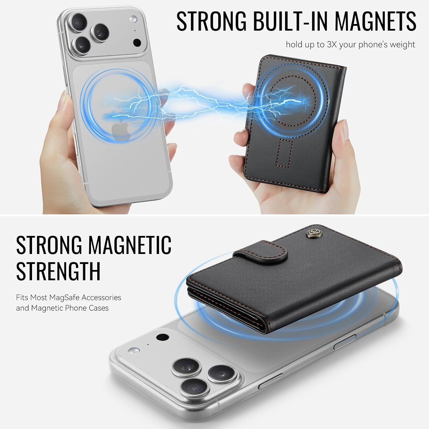 for Magsafe Wallet, Magnetic Phone Wallet with RFID Blocking 6-Card Holder for Men Women Minimalist Slim PU Leather Kickstand for iPhone 17 Air 16 15 14 13 12 Pro Max Plus, Elegant Black