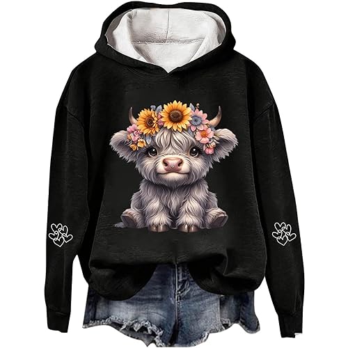 Highland Cow Sweatshirts For Women Long Sleeve Casual Loose Cute Funny Fleece Cowgirl Hoodies Plain Western Cow Print Blouses