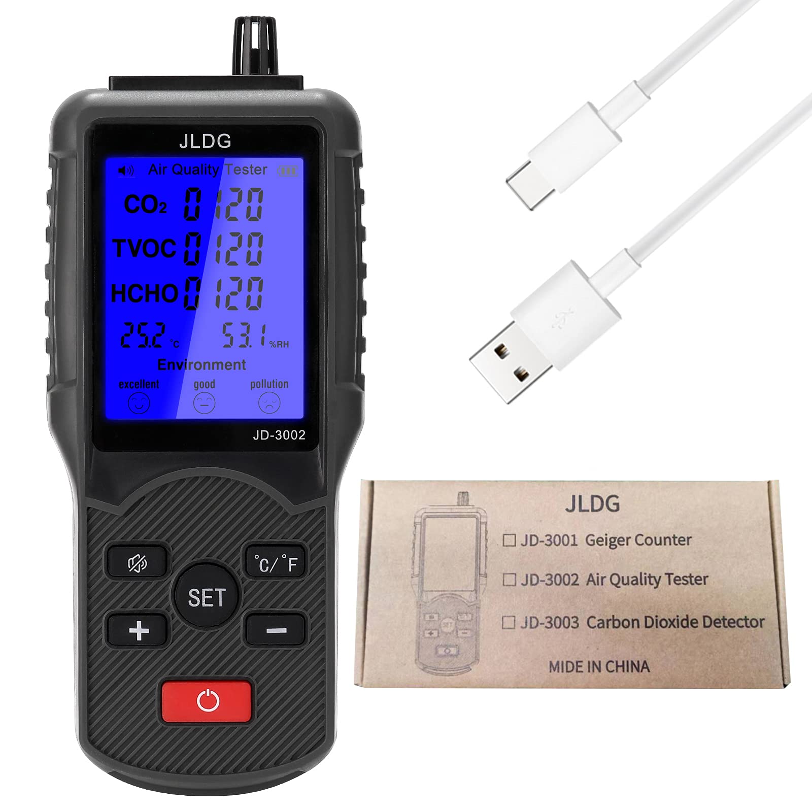 Kavolet Monitor Digital de Calidad del Aire CO2 TVOC HCHO Sensor de Temperatura y Humedad para el Hogar Azul USB Recargable