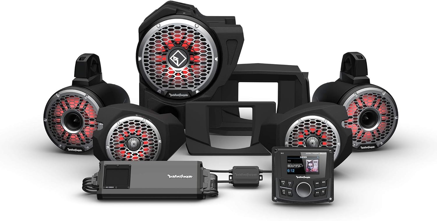 Rockford Fosgate RZR14-STG6 Audio Kit: PMX-3 Receiver, 1500-Watt Amp, M2 Series Color Optix Multicolor LED Lighted Front Speaker, Subwoofer & Rear Horn Speaker Kit for Select RZR Models (2014-2021)