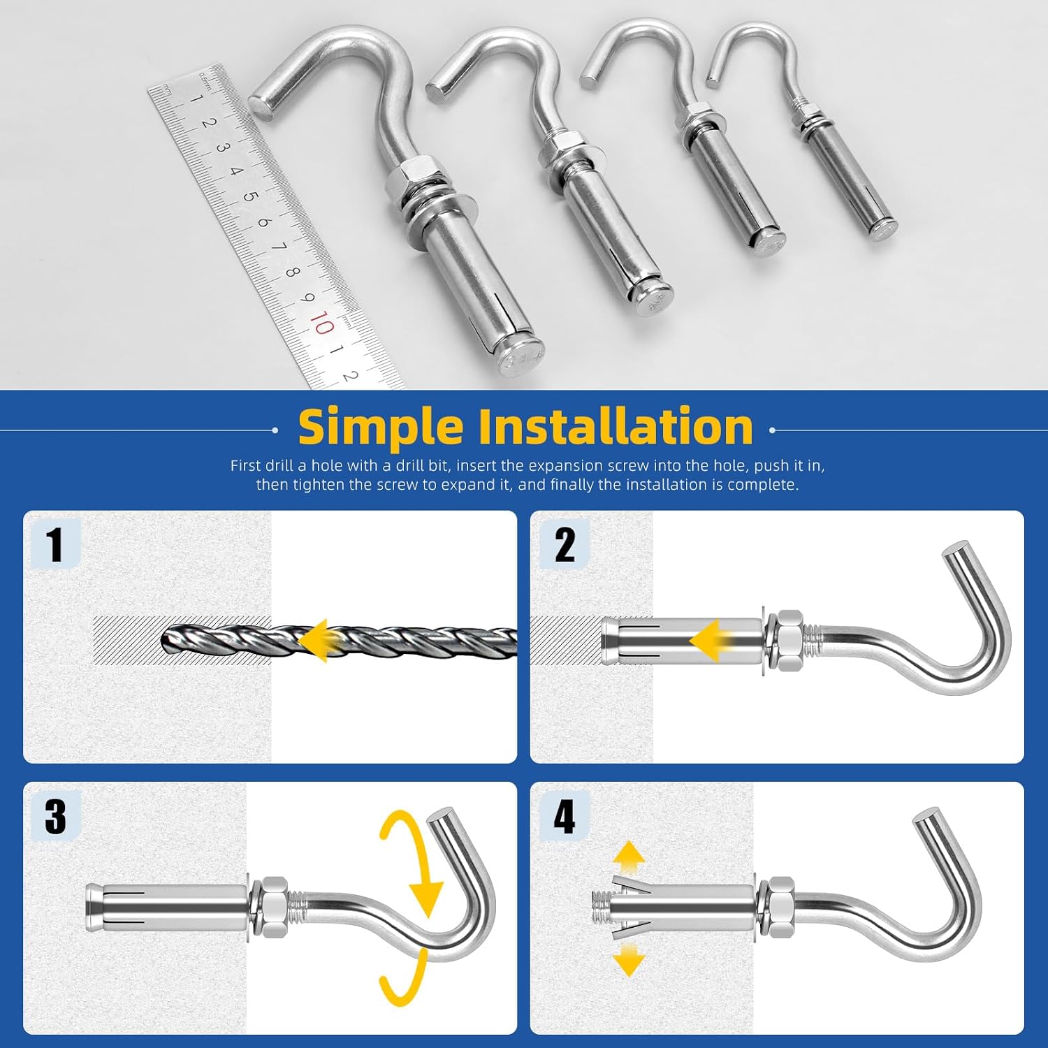 Glarks 6pcs M12 Expansion Hook Set, 304 Stainless Steel Open Cup Hook Screw, Heavy Duty Concrete Hook, Expansion Screw in Hooks, Concrete Wall Hook for Concrete Brick Stone Ceiling Hanging